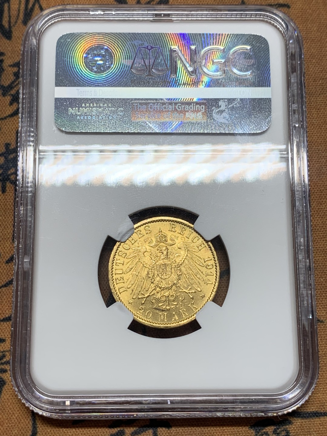 《竞宝斋》第111场-周日，周一 ，2场连拍（全场包邮） NGC-MS64 德国普鲁士1914年20马克金币，威廉二世军装马克配套必备