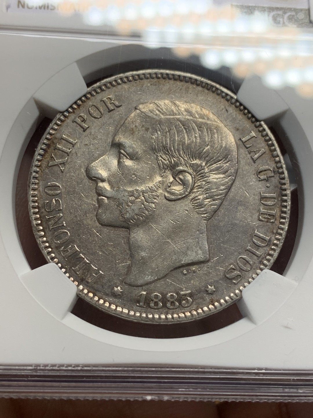 《竞宝斋》第111场-周日，周一 ，2场连拍（全场包邮） NGC-AUD 西班牙阿方索十二世 1883年 5比塞塔银币