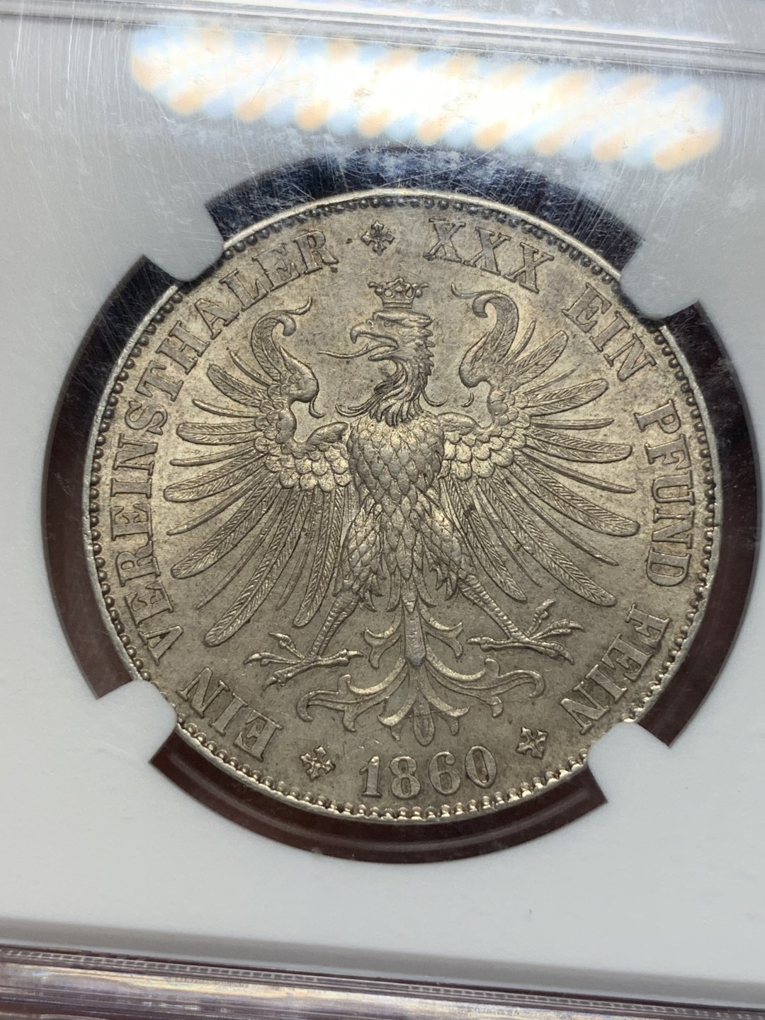 《竞宝斋》第111场-周日，周一 ，2场连拍（全场包邮） NGC MS63 德国 1860年 法兰克福 少女 泰勒 银币 高品好细节 包浆币上MS太不容易了