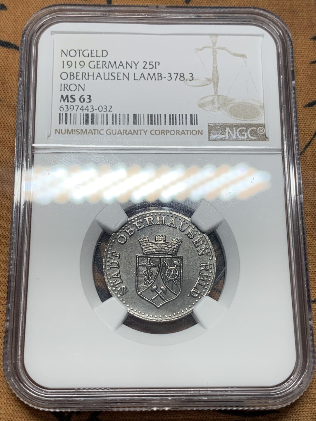 《竞宝斋》第111场-周日，周一 ，2场连拍（全场包邮） NGC-MS63 德国紧急状态 1919年 奥伯豪森25芬尼 铁币 ，原味爆浆，细节完好