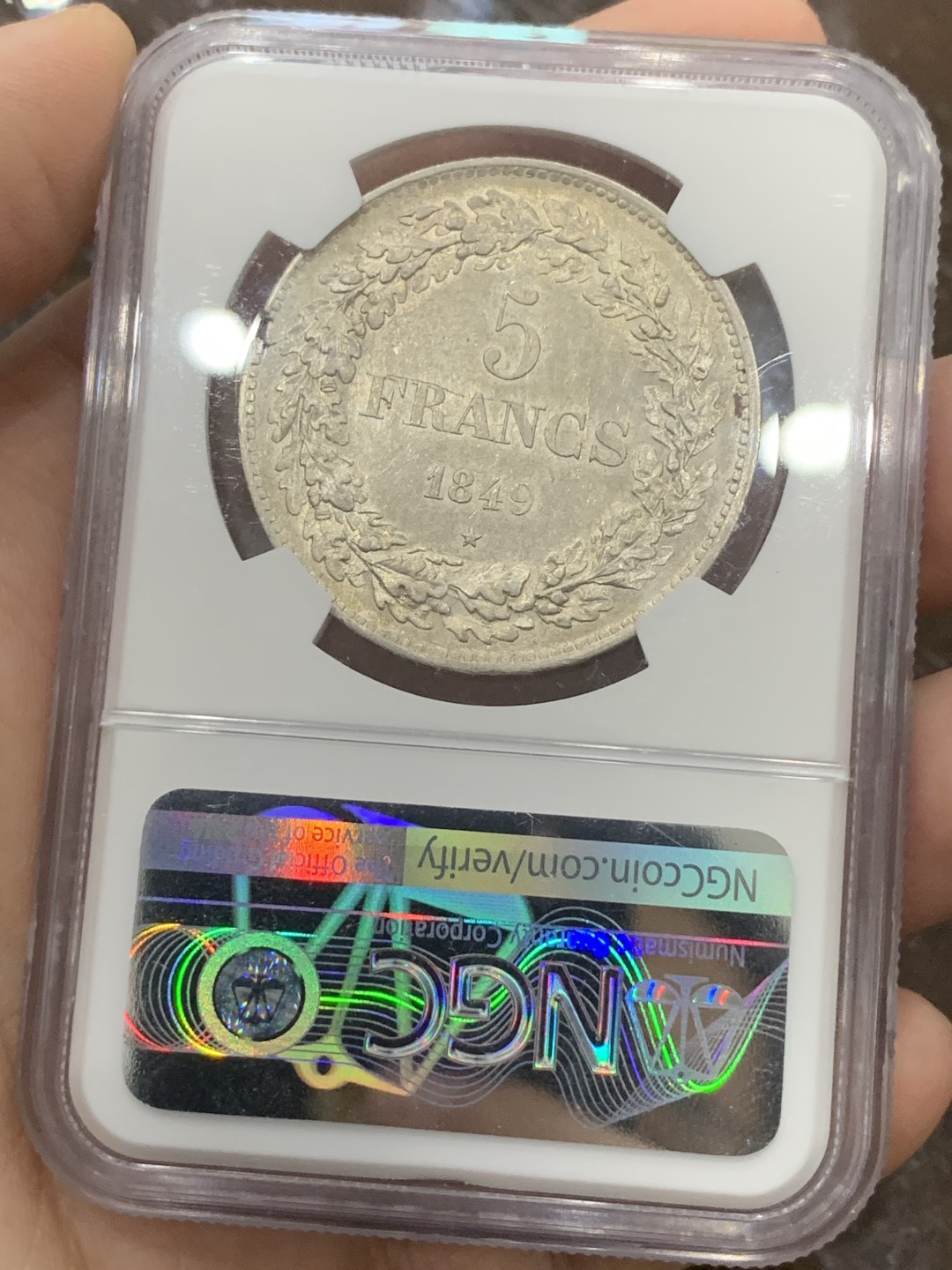 《竞宝斋》第111场-周日，周一 ，2场连拍（全场包邮） NGC-AU58 比利时 1849年花环版 利奥波德一世5法郎银币 该品种好品极其稀少 58分是评级第四名 光度及细节均可媲美MS级 品相如图 仔细看图就行