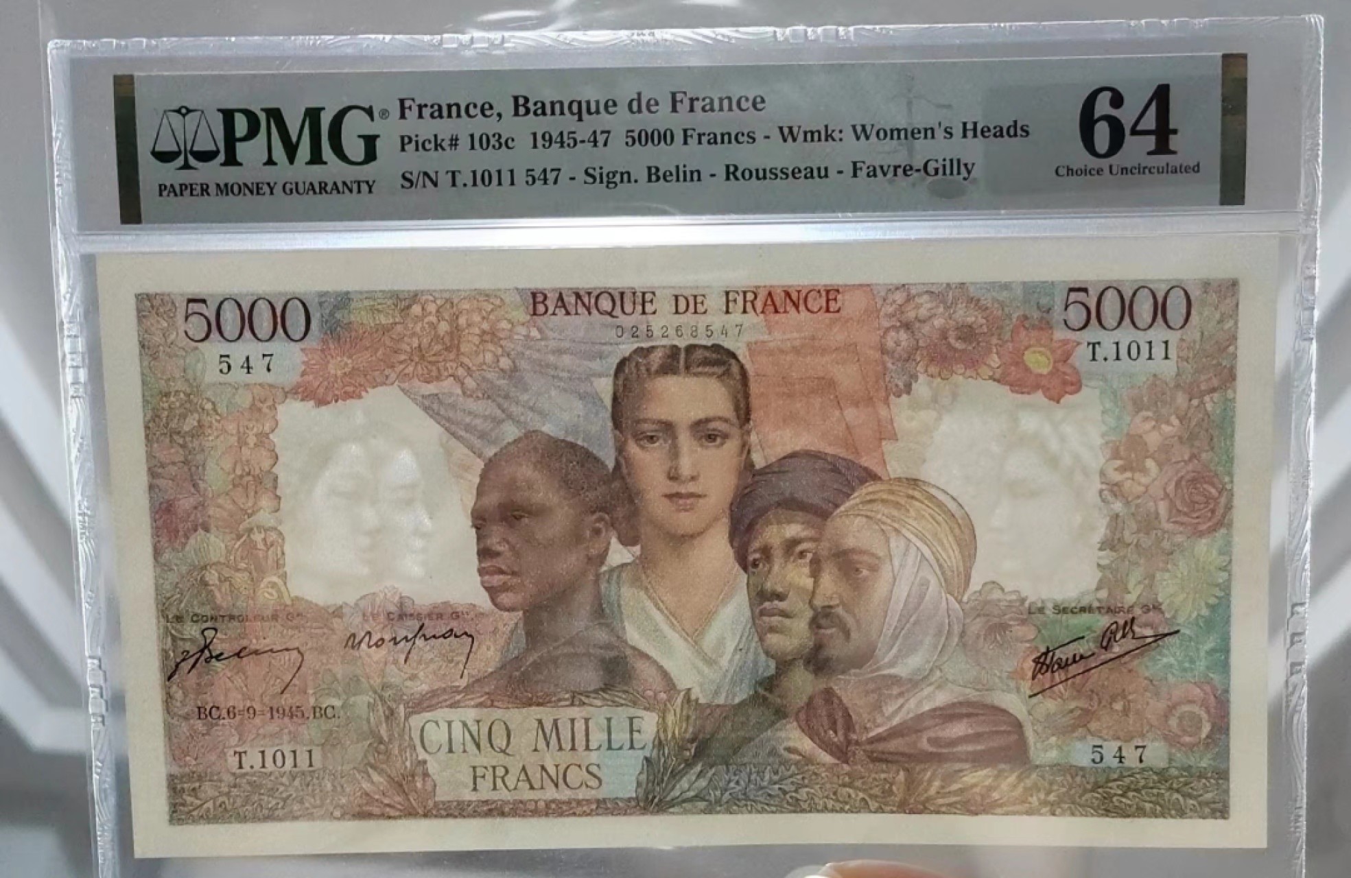 收藏联盟Quantum Auction 第204期拍卖 法国1945年5000法郎 PMG64 大团结 冠军分