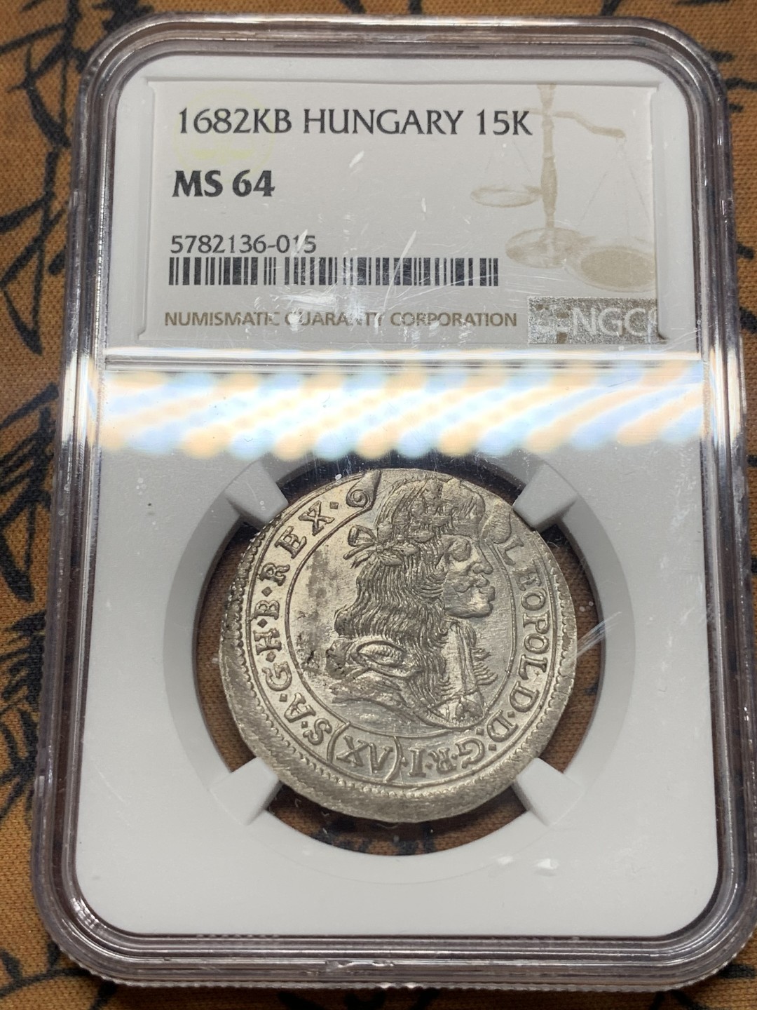 《竞宝斋》第111场-周日，周一 ，2场连拍（全场包邮） 冠军分 NGC-MS64 神圣罗马帝国 1682 匈牙利 15K 银币 出厂状态 全银光