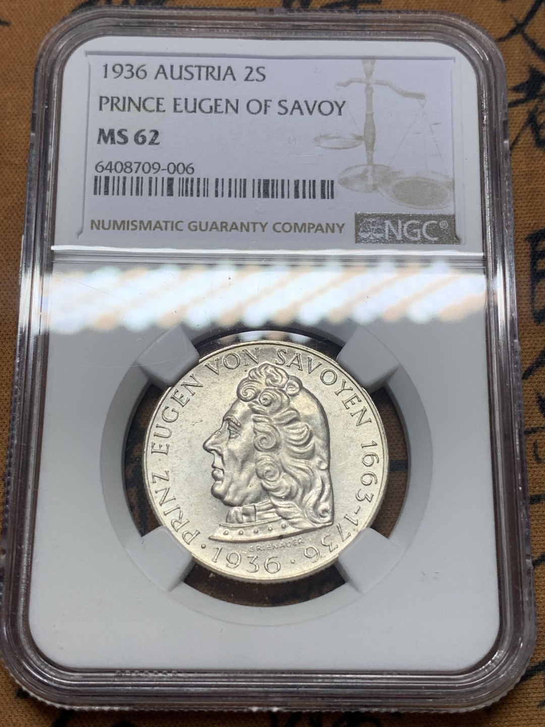 《竞宝斋》第111场-周日，周一 ，2场连拍（全场包邮） NGC-MS62 奥地利1936年 欧根亲王 2先令银币 原光好品