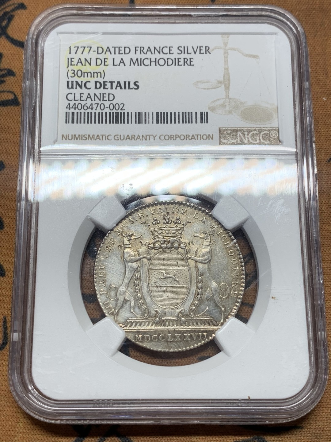 《竞宝斋》第111场-周日，周一 ，2场连拍（全场包邮） NGC UNC 法国 1777年 银质 代币  光度好 细节更好