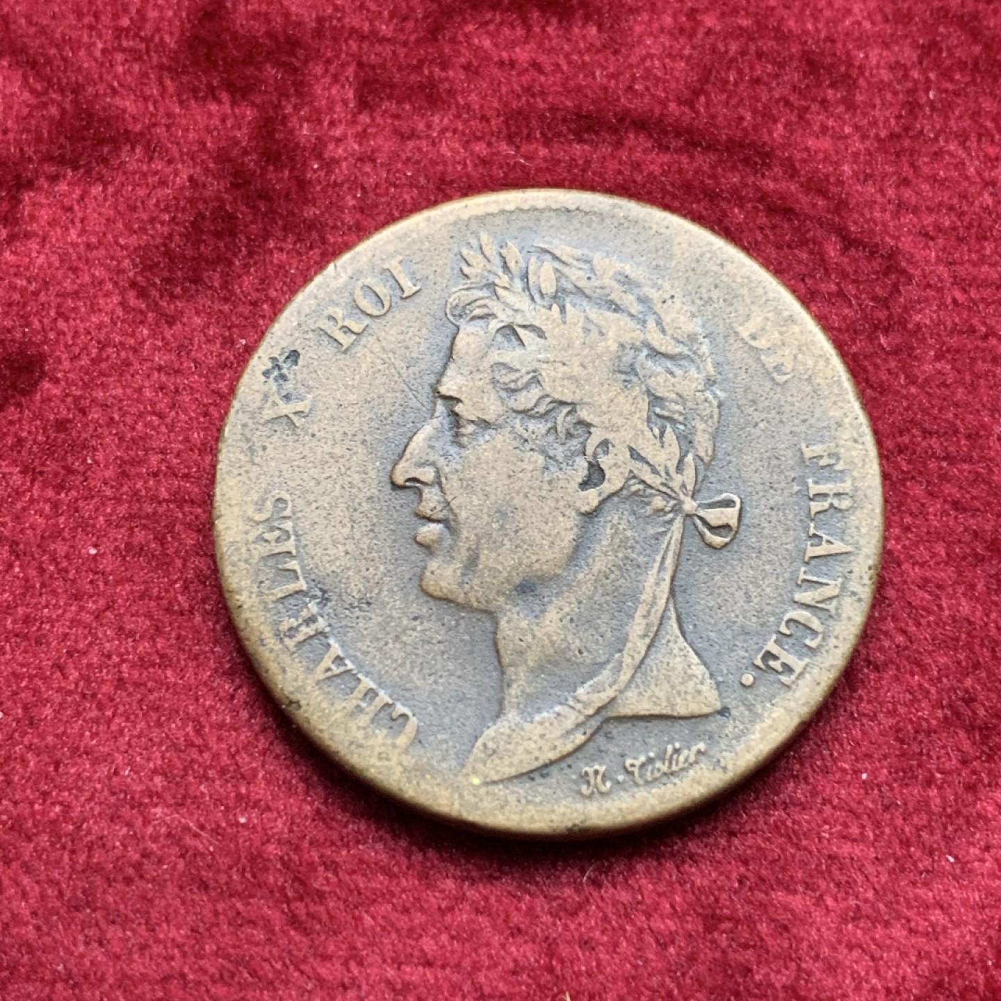 《竞宝斋》第111场-周日，周一 ，2场连拍（全场包邮） 1828年A厂法属殖民地查理十世5分铜币，流通磨损包浆自然