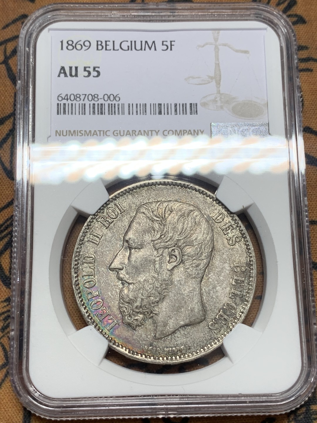 《竞宝斋》第111场-周日，周一 ，2场连拍（全场包邮） NGC-AU55 比利时1869年 利奥波德二世 5法郎大银币 酱彩包浆 低评