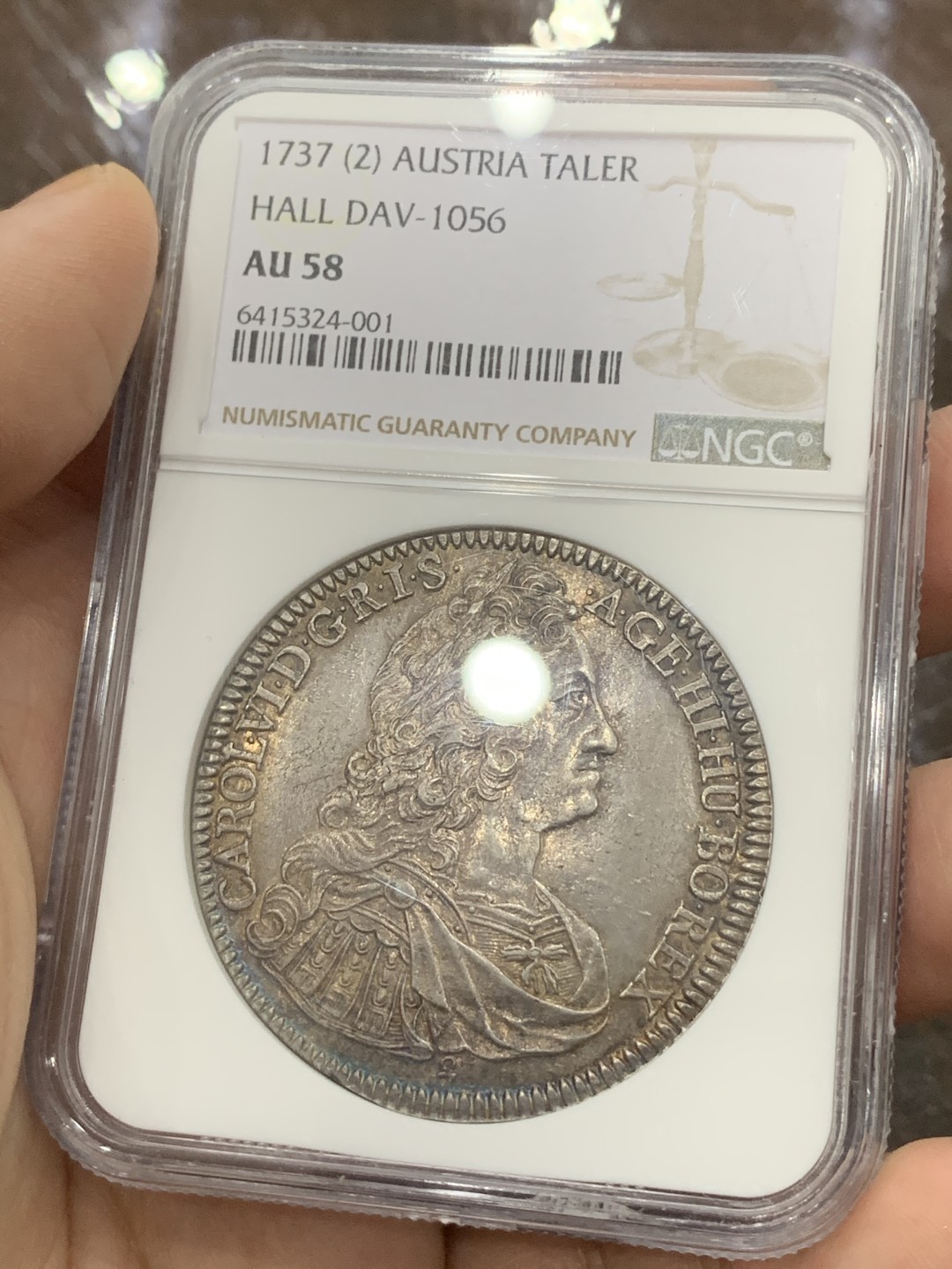 《竞宝斋》第111场-周日，周一 ，2场连拍（全场包邮） NGC-AU58 神圣罗马帝国 1737(2) 卡尔六世 1泰勒银币 深五彩包浆 打制好 状态难得