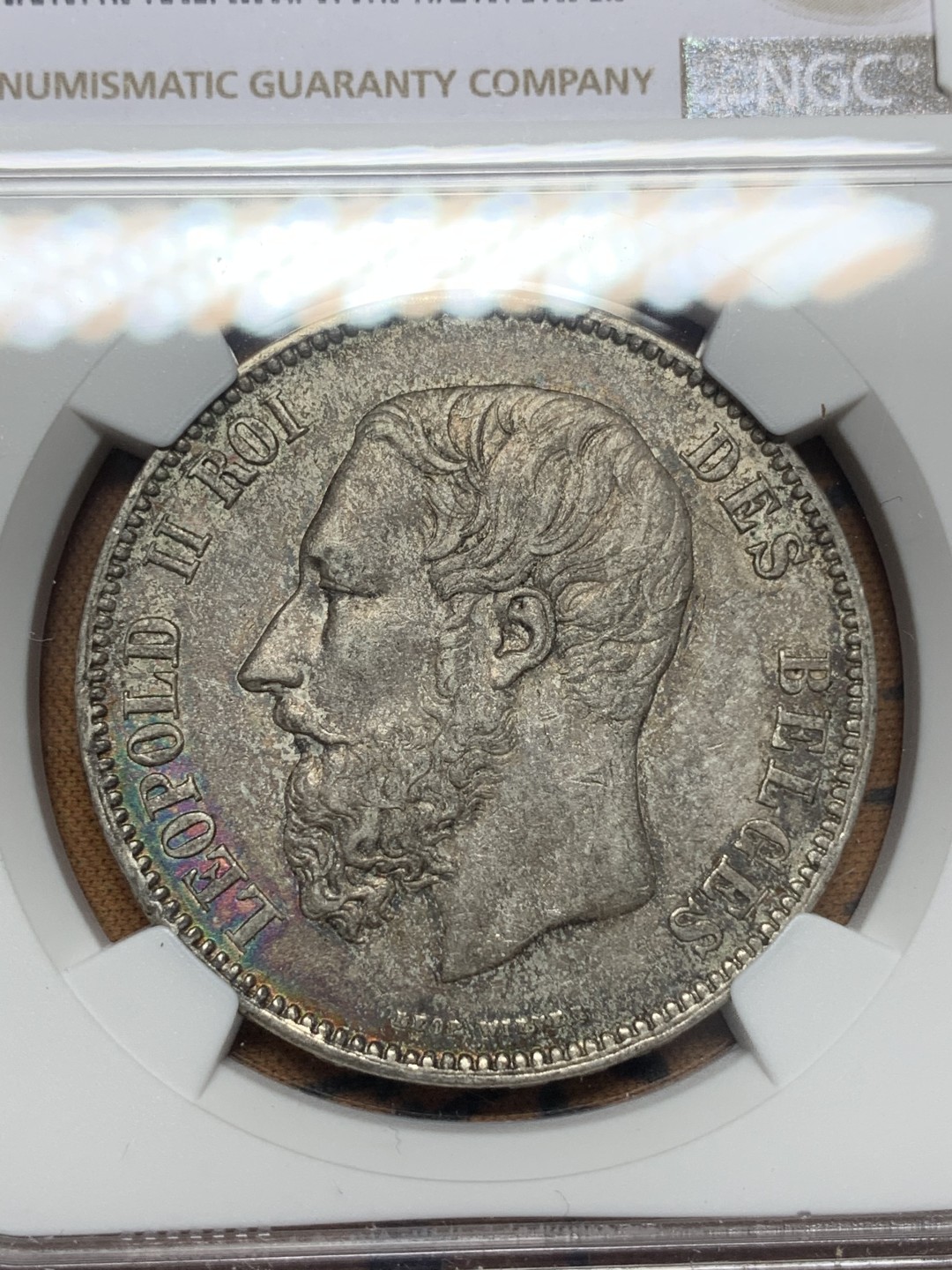 《竞宝斋》第111场-周日，周一 ，2场连拍（全场包邮） NGC-AU55 比利时1869年 利奥波德二世 5法郎大银币 酱彩包浆 低评