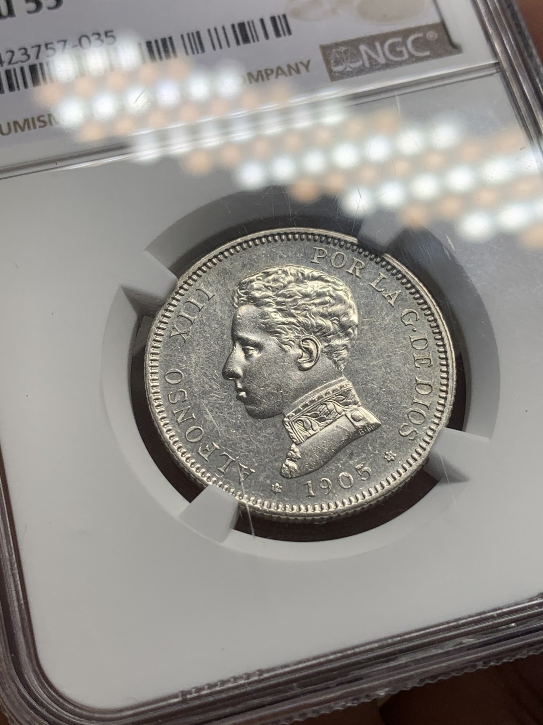 《竞宝斋》第111场-周日，周一 ，2场连拍（全场包邮） NGC AU55 西班牙 1905年 阿方索十三世 2比塞塔 银币 细节好