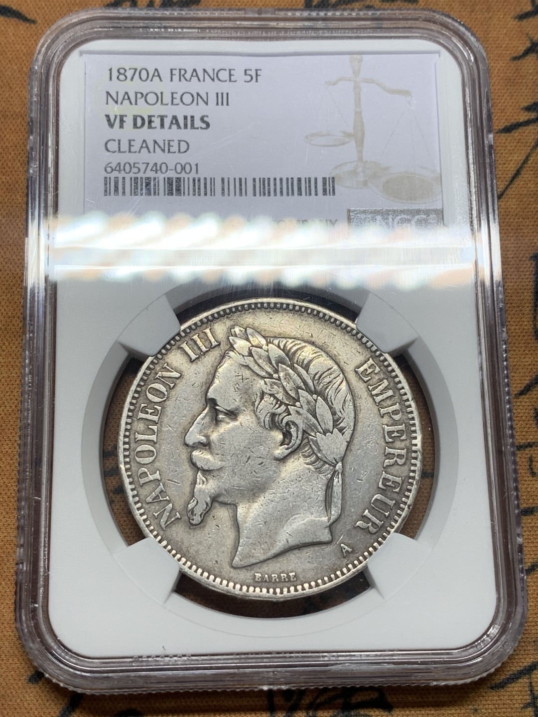 《竞宝斋》第111场-周日，周一 ，2场连拍（全场包邮） NGC-VFD 法国拿破仑三世 1870年 5法郎银币