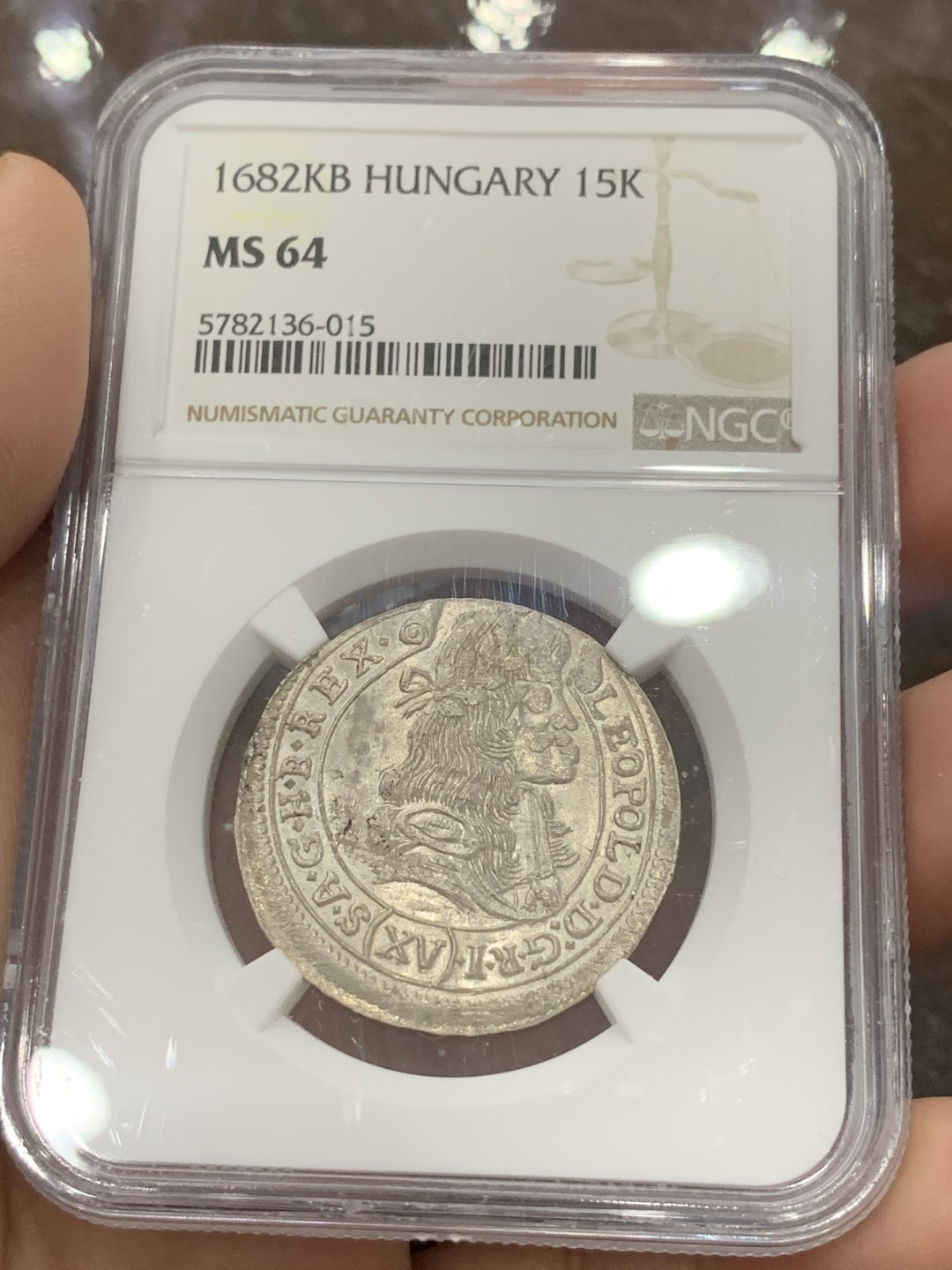《竞宝斋》第111场-周日，周一 ，2场连拍（全场包邮） 冠军分 NGC-MS64 神圣罗马帝国 1682 匈牙利 15K 银币 出厂状态 全银光