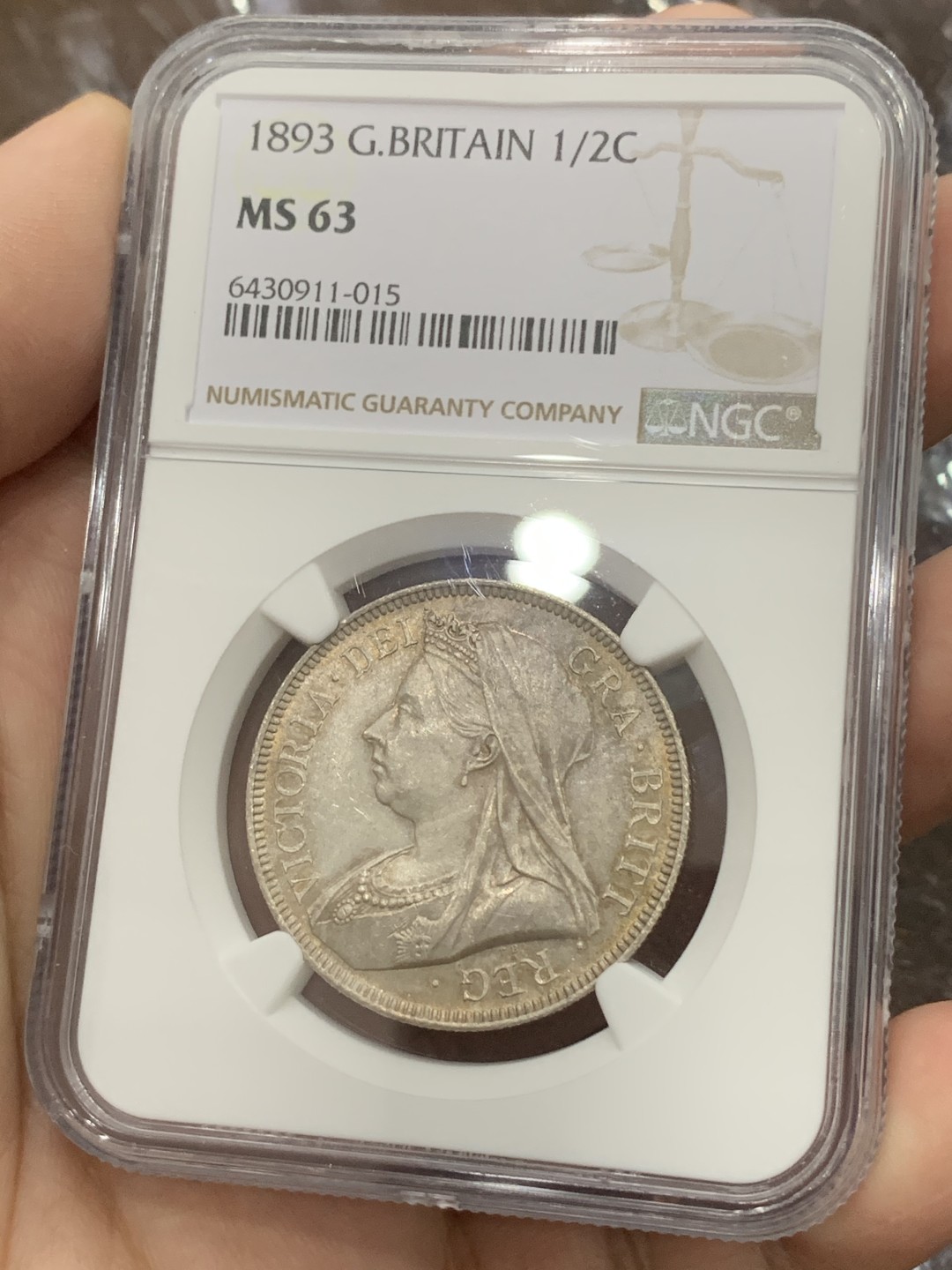 《竞宝斋》第111场-周日，周一 ，2场连拍（全场包邮） NGC MS63 英国 1893年 维多利亚 批纱版 半克朗 银币 细节好，底光也好