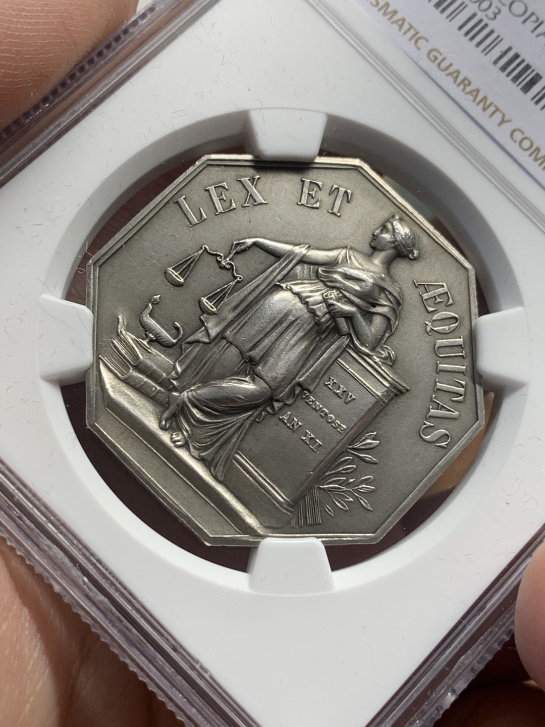 《竞宝斋》第111场-周日，周一 ，2场连拍（全场包邮） NGC MS64 法国 1883年 里尔公证人八角银币代币