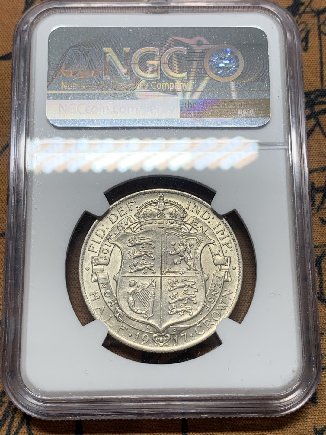 《竞宝斋》第111场-周日，周一 ，2场连拍（全场包邮） NGC-AU58 英国乔五 1917年 1/2克朗银币 比较少见的年份