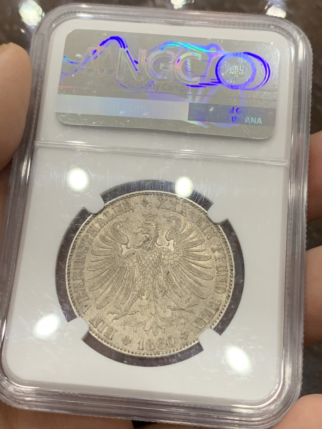 《竞宝斋》第111场-周日，周一 ，2场连拍（全场包邮） NGC MS63 德国 1860年 法兰克福 少女 泰勒 银币 高品好细节 包浆币上MS太不容易了