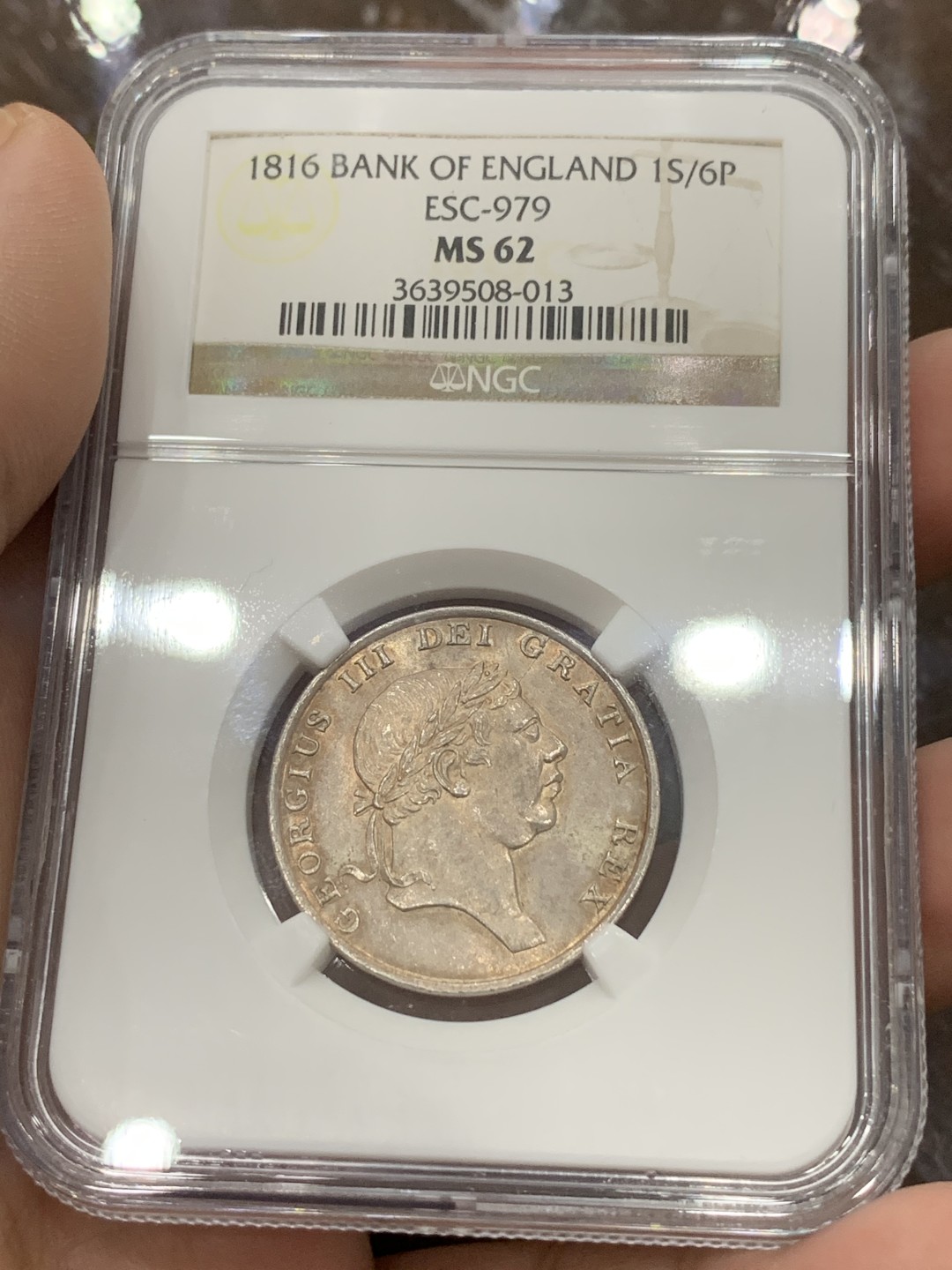 《竞宝斋》第111场-周日，周一 ，2场连拍（全场包邮） NGC MS62 英国乔三 英格兰银行1816 1先令6便士  状态一流