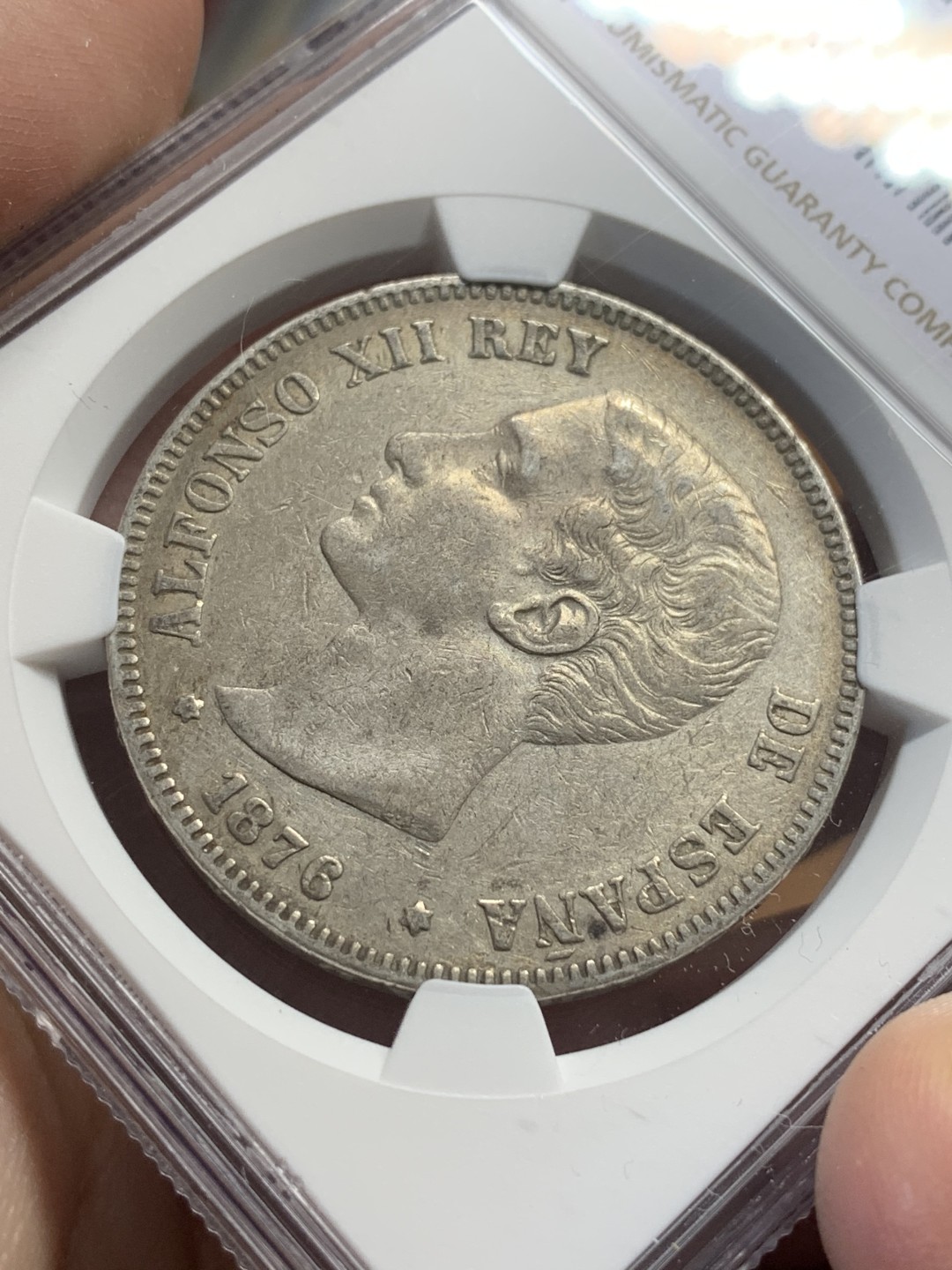 《竞宝斋》第111场-周日，周一 ，2场连拍（全场包邮） NGC-XFD 西班牙阿方索十二世 1876年 5比塞塔银币