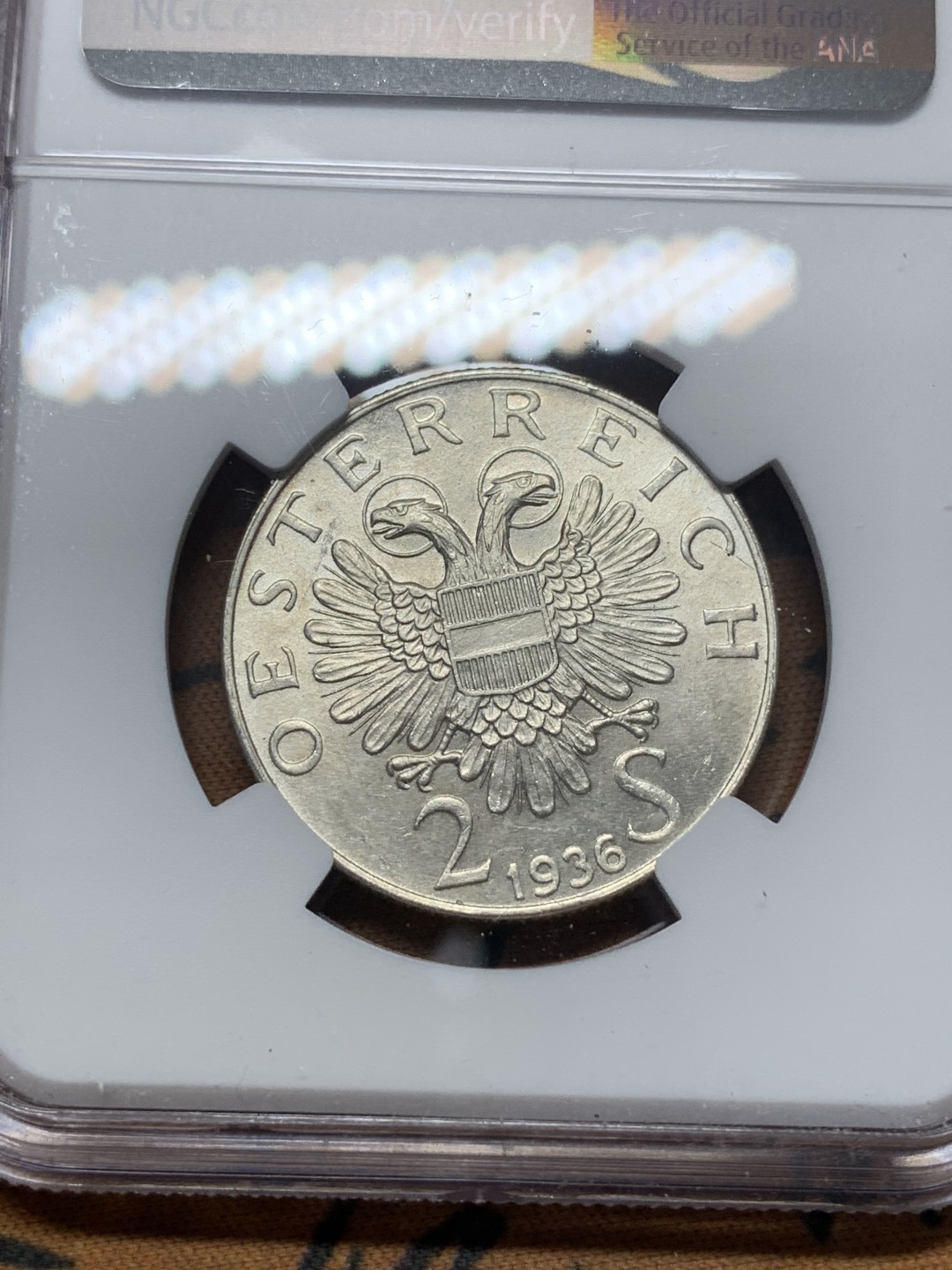 《竞宝斋》第111场-周日，周一 ，2场连拍（全场包邮） NGC-MS62 奥地利1936年 欧根亲王 2先令银币 原光好品