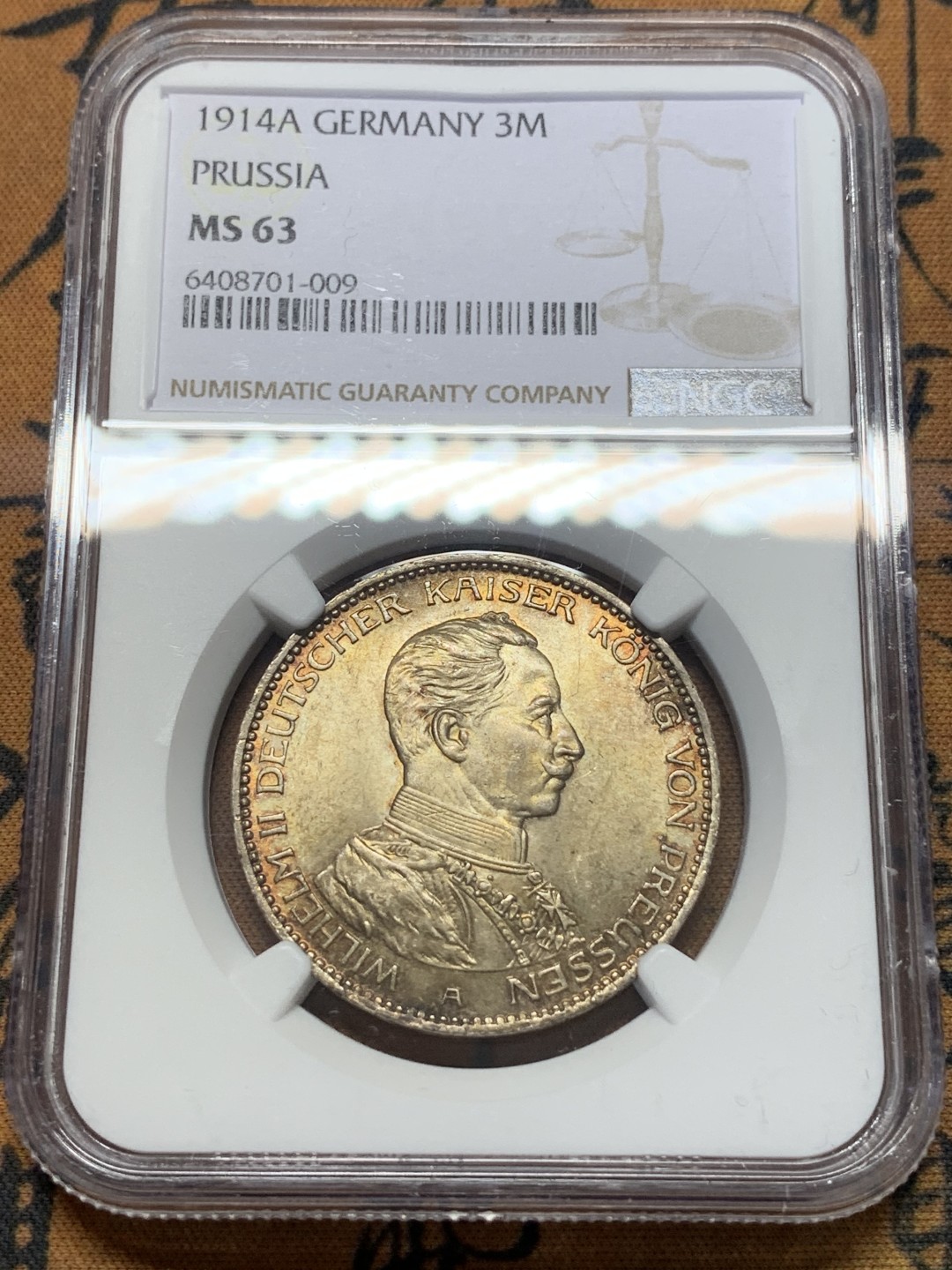 《竞宝斋》第111场-周日，周一 ，2场连拍（全场包邮） NGC-MS63 德国1914年 普鲁士军装版 3马克银币 顶级五彩包浆