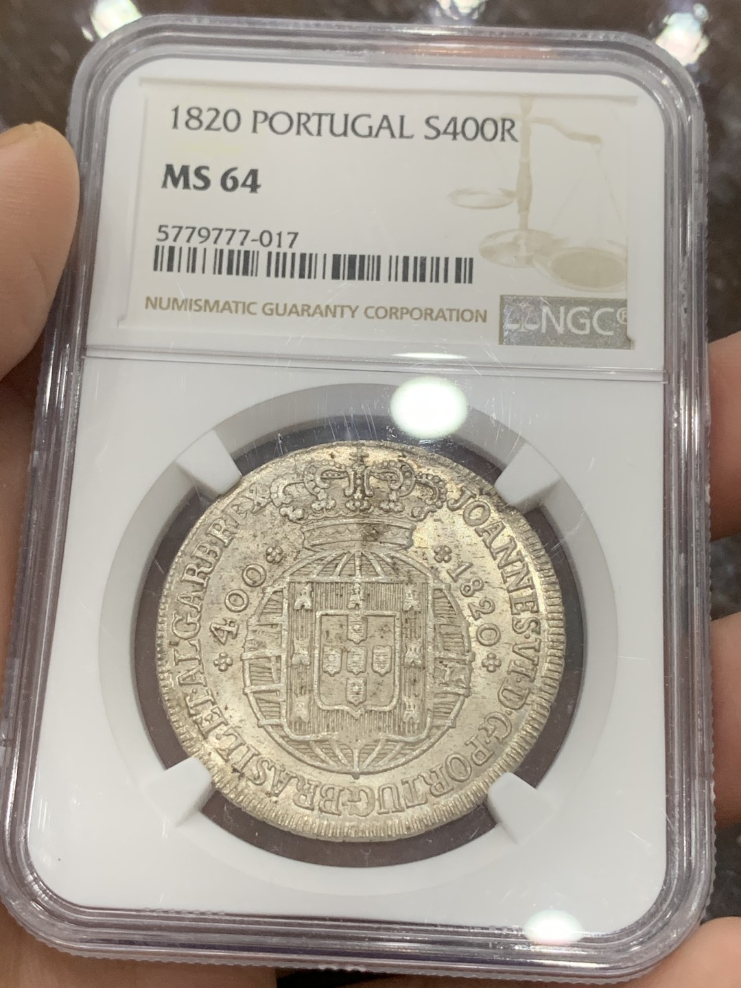 《竞宝斋》第111场-周日，周一 ，2场连拍（全场包邮） NGC-MS64 1820年葡萄牙若昂五世400Reis银币 葡萄牙本土的最大银币，热门葡系地球，上涨品种