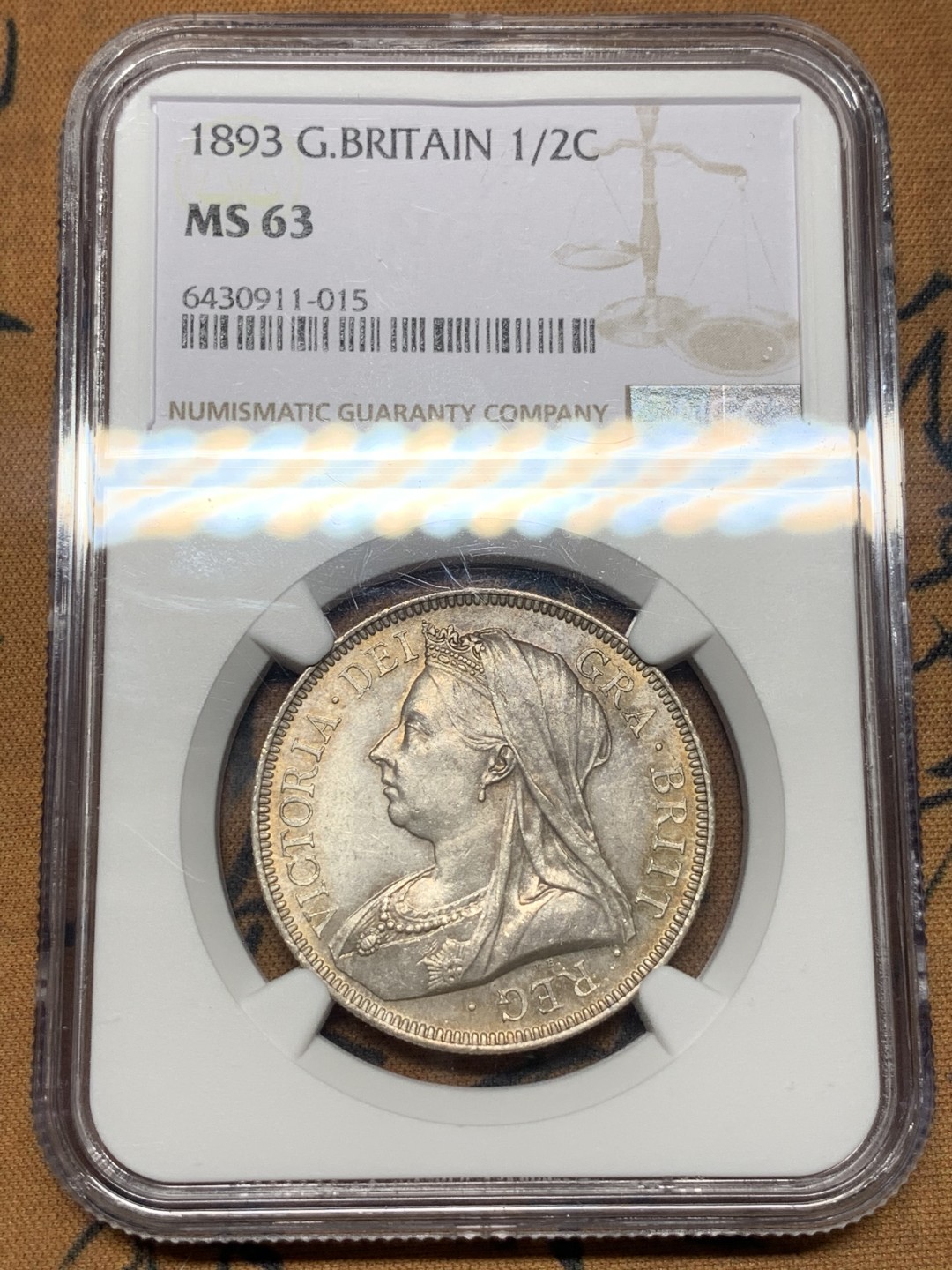 《竞宝斋》第111场-周日，周一 ，2场连拍（全场包邮） NGC MS63 英国 1893年 维多利亚 批纱版 半克朗 银币 细节好，底光也好