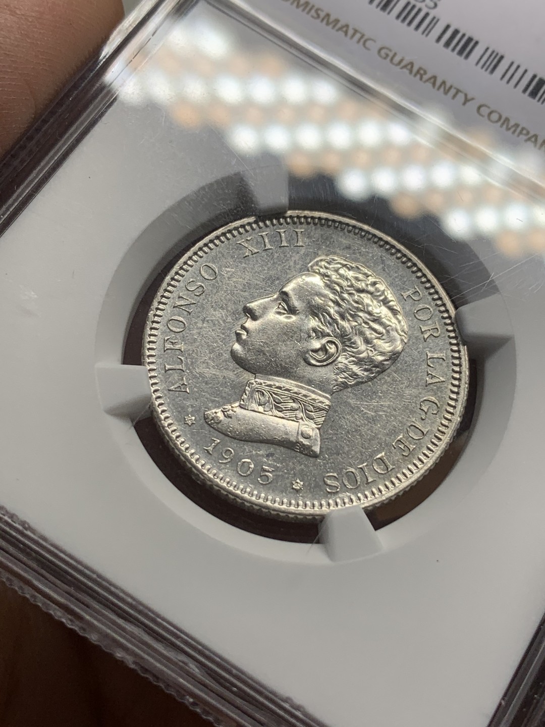 《竞宝斋》第111场-周日，周一 ，2场连拍（全场包邮） NGC AU55 西班牙 1905年 阿方索十三世 2比塞塔 银币 细节好