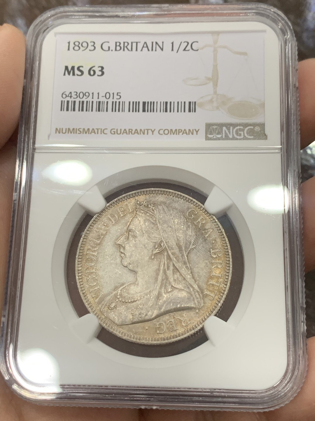 《竞宝斋》第111场-周日，周一 ，2场连拍（全场包邮） NGC MS63 英国 1893年 维多利亚 批纱版 半克朗 银币 细节好，底光也好