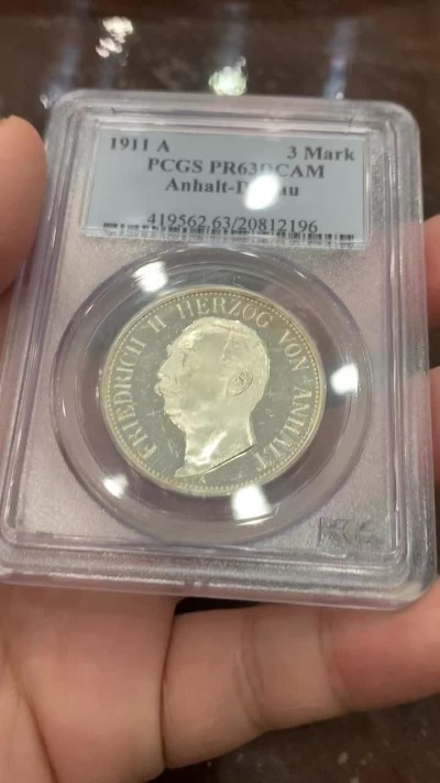 《竞宝斋》第111场-周日，周一 ，2场连拍（全场包邮） PCGS-PR63,德国1911年安哈特德绍3马克精制银币，共2个年份1911发行少