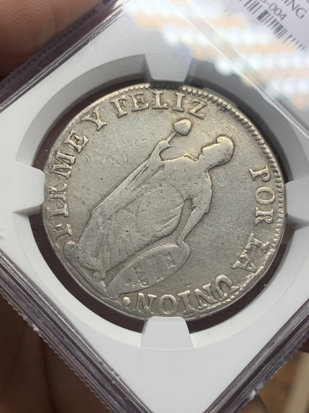 《竞宝斋》第111场-周日，周一 ，2场连拍（全场包邮） NGC-VFD 秘鲁站人女神 1840年 8R大银币 背面打得算好的了 国内不多