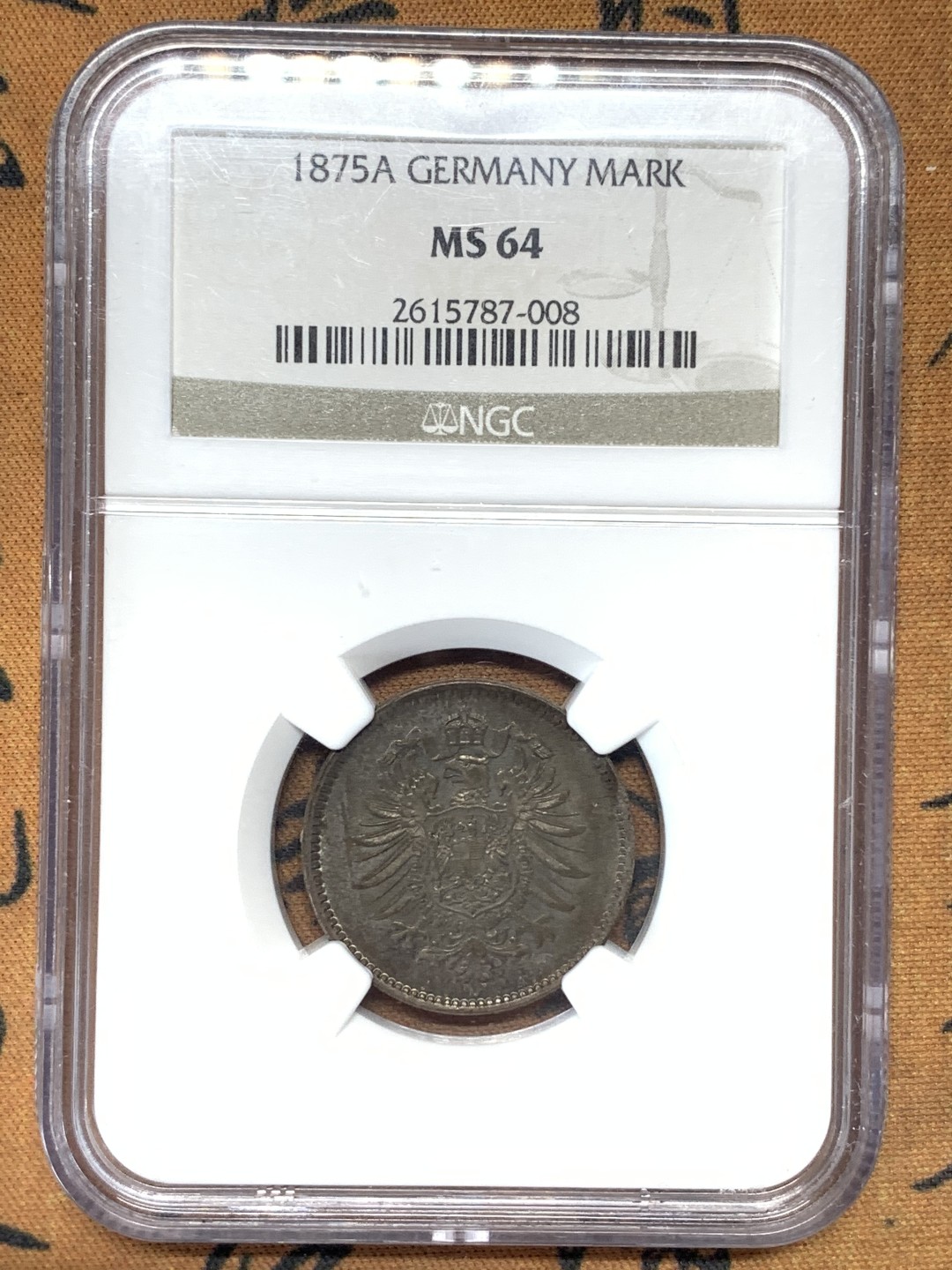 《竞宝斋》第111场-周日，周一 ，2场连拍（全场包邮） NGC-MS64 德国 1875A 短翅鹰1马克银币 黑彩 包浆