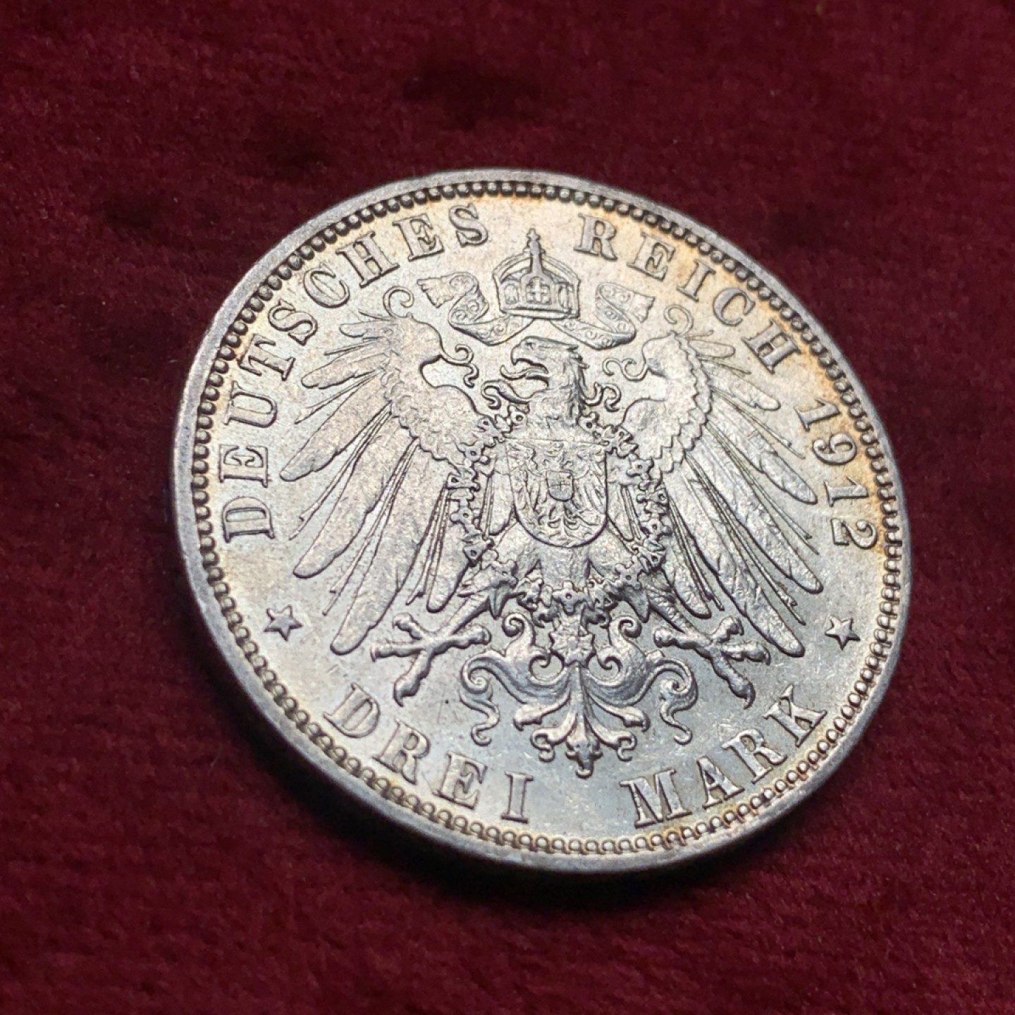 《竞宝斋》第111场-周日，周一 ，2场连拍（全场包邮） 德国 1912年 汉堡 自由市 3马克 双狮银币 淡彩包浆 带转光