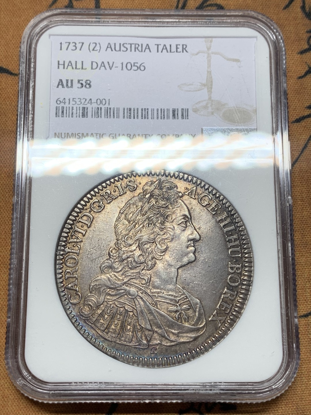 《竞宝斋》第111场-周日，周一 ，2场连拍（全场包邮） NGC-AU58 神圣罗马帝国 1737(2) 卡尔六世 1泰勒银币 深五彩包浆 打制好 状态难得
