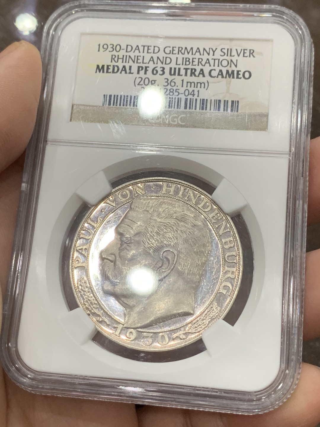 《竞宝斋》第111场-周日，周一 ，2场连拍（全场包邮） NGC-PF63 ULTRA CAMEO 德国 1930年 伯恩哈特设计兴登堡银章，莱茵河景观银章，镜面感觉给分保守