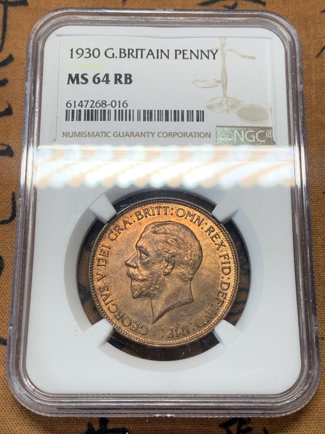 《竞宝斋》第111场-周日，周一 ，2场连拍（全场包邮） NGC-MS64RB 1930年 乔五1便士 光泽非常好的铜币 30年流通充分 定价比36年末年高很多
