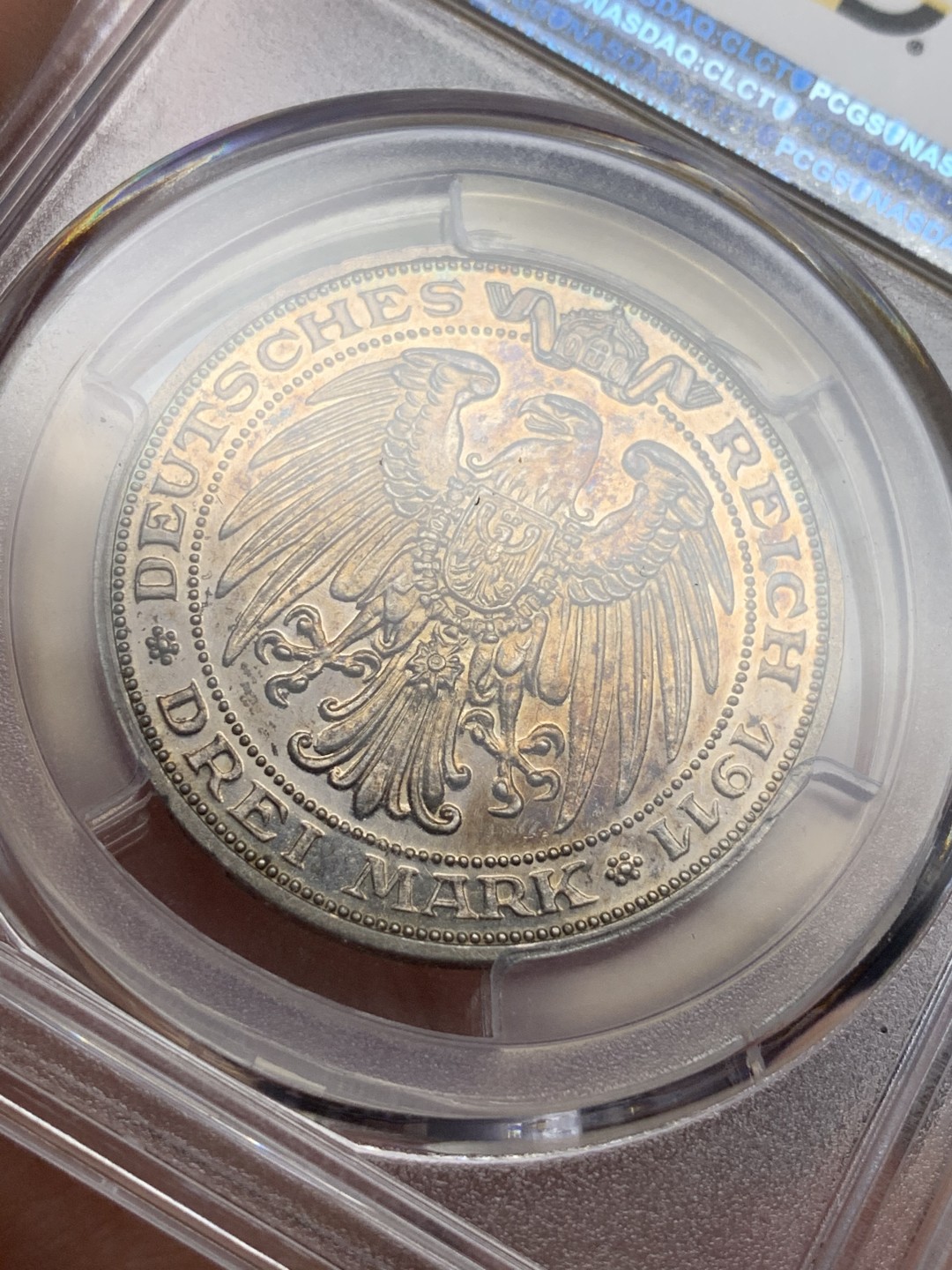 《竞宝斋》第111场-周日，周一 ，2场连拍（全场包邮） PCGS-PR63 德国 1911年 普鲁士布雷斯劳大学 3马克银币   精致靛蓝色包浆