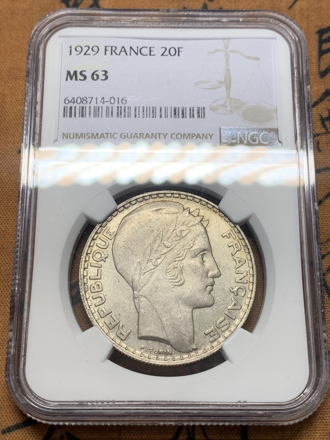 《竞宝斋》第111场-周日，周一 ，2场连拍（全场包邮） NGC-MS63 法国1929年 谷物女神头像 20法郎银币 顶级好品了 这品种里早期的年份 平时见到的一般AU品