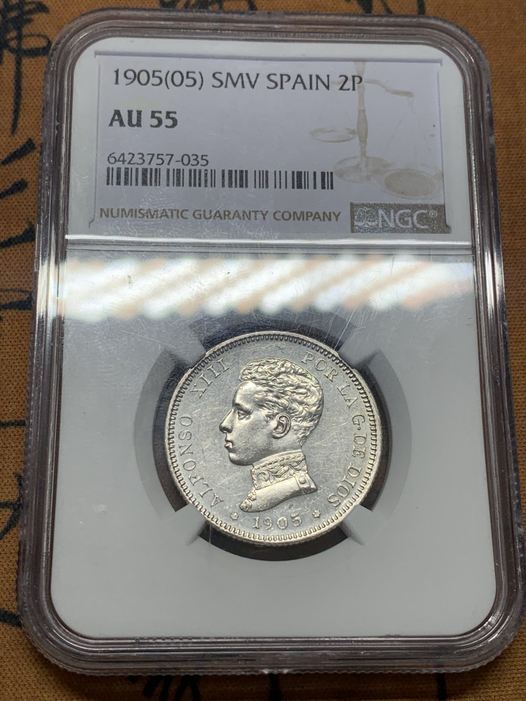 《竞宝斋》第111场-周日，周一 ，2场连拍（全场包邮） NGC AU55 西班牙 1905年 阿方索十三世 2比塞塔 银币 细节好