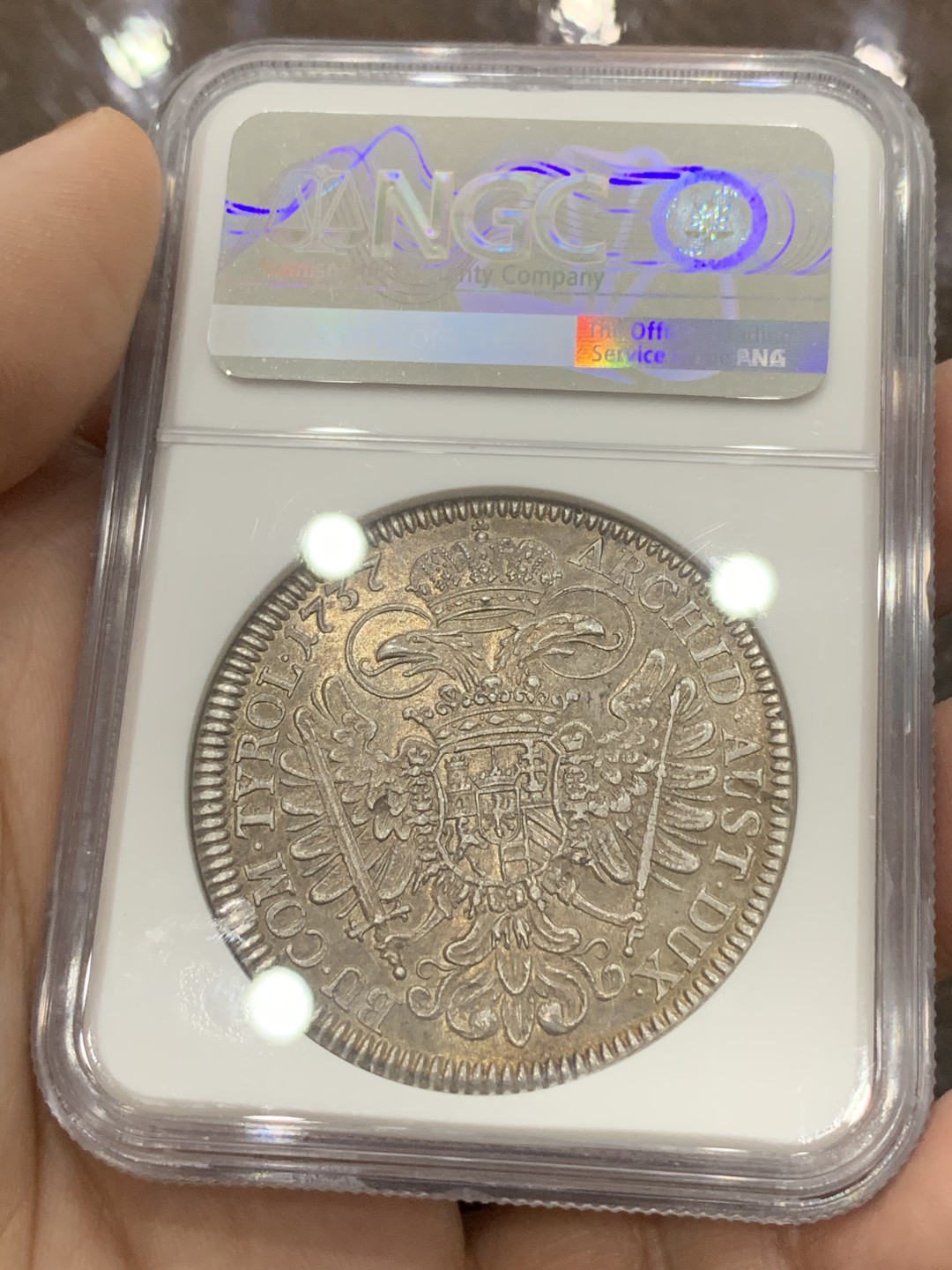 《竞宝斋》第111场-周日，周一 ，2场连拍（全场包邮） NGC-AU58 神圣罗马帝国 1737(2) 卡尔六世 1泰勒银币 深五彩包浆 打制好 状态难得