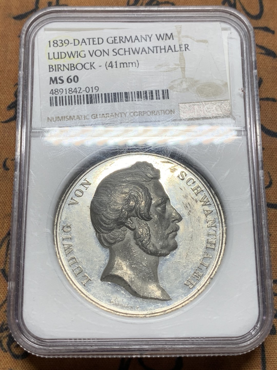 《竞宝斋》第111场-周日，周一 ，2场连拍（全场包邮） NGC MS60 德国 慕尼黑 1839 巴伐利亚纪念碑 建成纪念章 WM 白金属材质