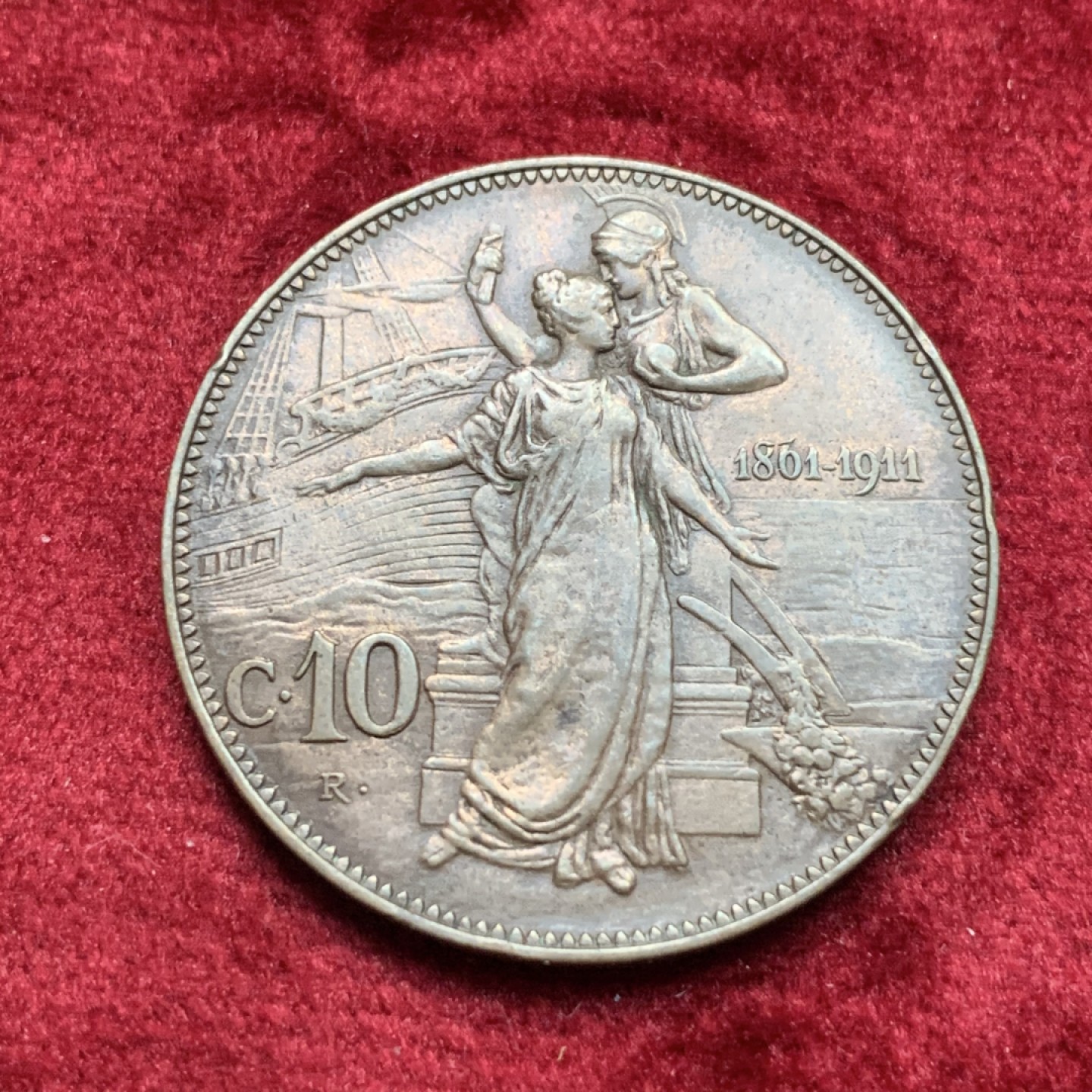 《竞宝斋》第111场-周日，周一 ，2场连拍（全场包邮） 意大利 1911年 托奶 10分 大铜币 高点具在 非常不错的一枚