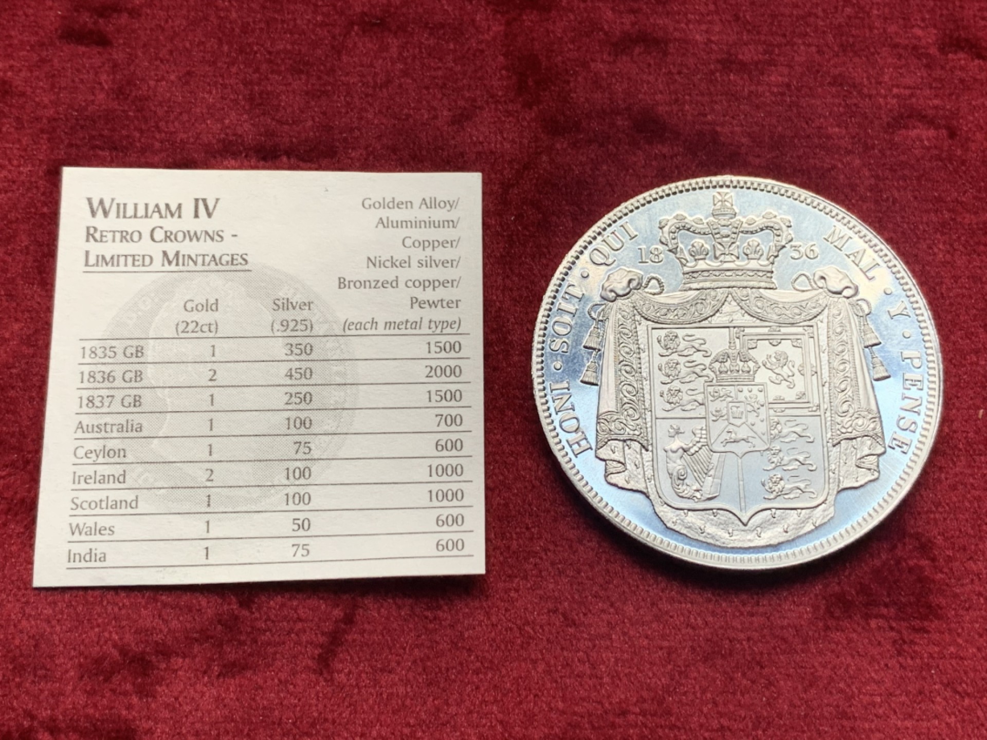 《竞宝斋》第111场-周日，周一 ，2场连拍（全场包邮） 英国后铸1836年威廉四世1克朗，铝制版本，带证书