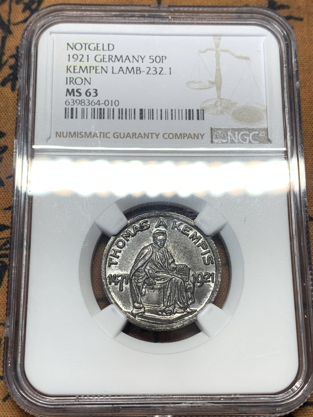 《竞宝斋》第111场-周日，周一 ，2场连拍（全场包邮） NGC-MS63 德国紧急状态 1921年 肯彭50芬尼铁币 状态纯熟