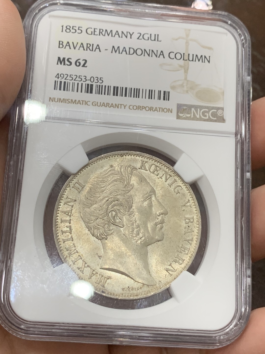 《竞宝斋》第111场-周日，周一 ，2场连拍（全场包邮） NGC-MS62德国 1855年 巴伐利亚圣母抱婴2盾银币 车轮转光 细节犀利