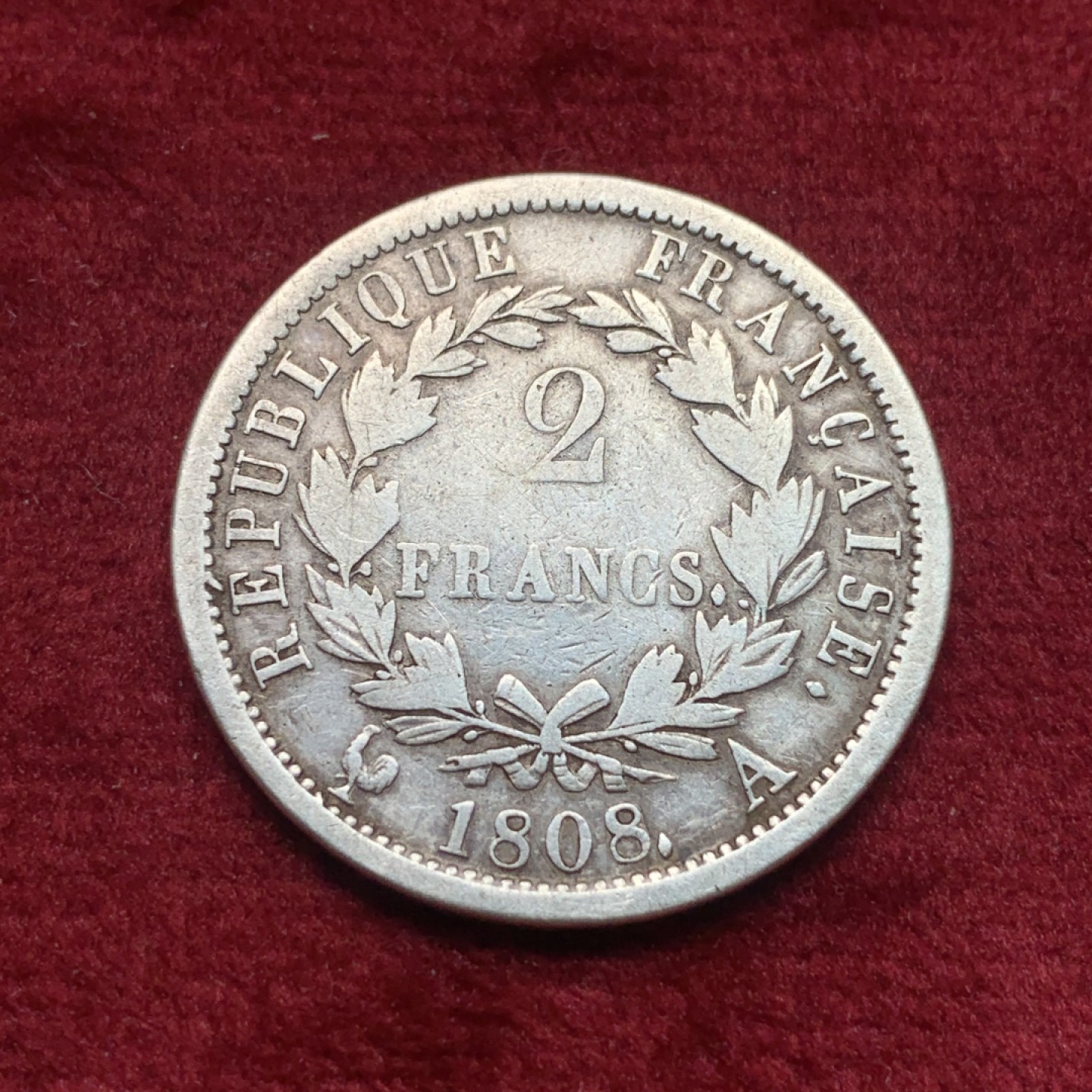 《竞宝斋》第111场-周日，周一 ，2场连拍（全场包邮） 1808年法国拿破仑一世2法郎银币巴黎厂，流通磨损，币边完好，2法郎比5法郎更稀少