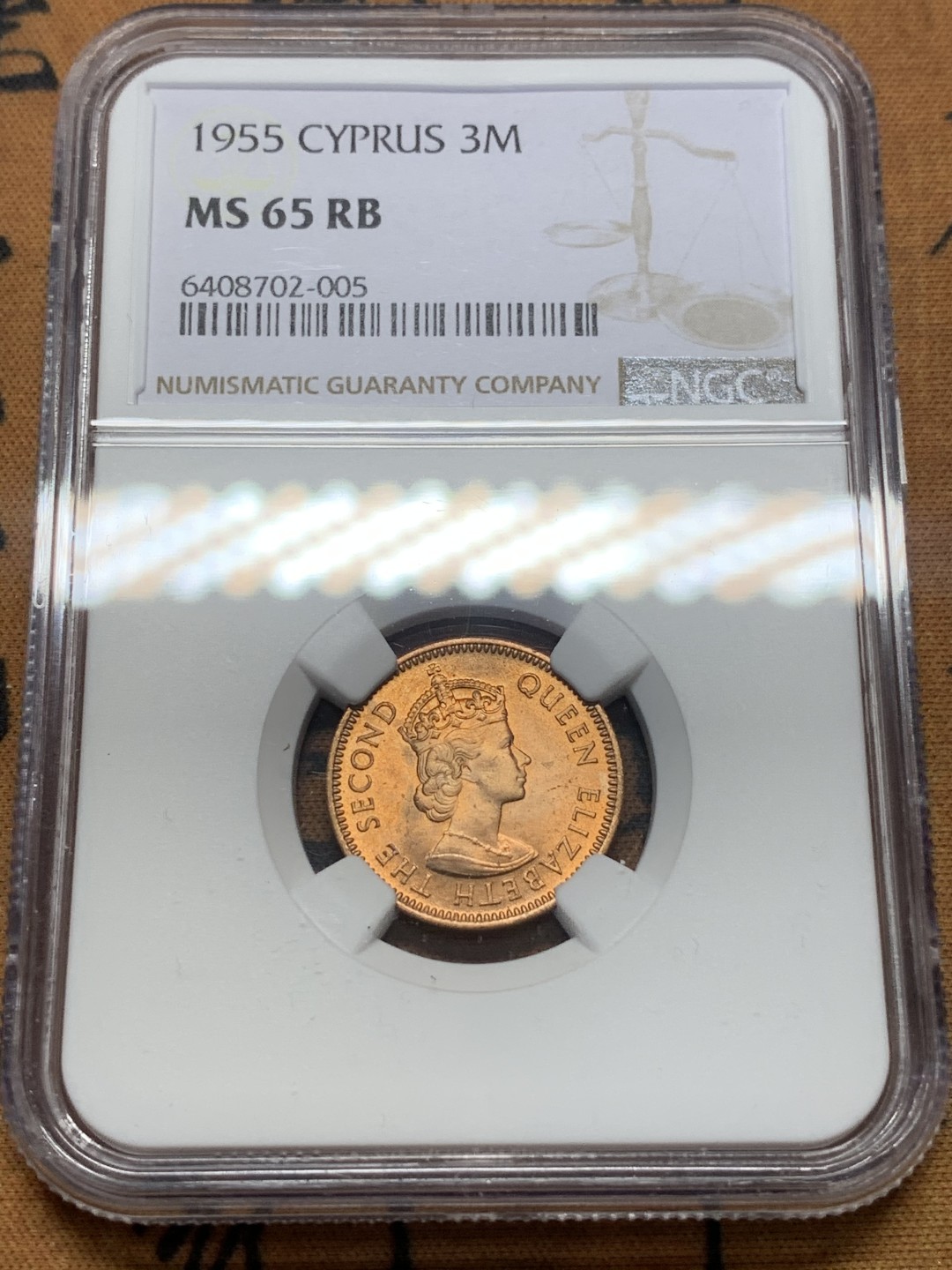 《竞宝斋》第111场-周日，周一 ，2场连拍（全场包邮） NGC-MS65 塞浦路斯1955年 伊丽萨白女王二世 3M铜币 少见的品种