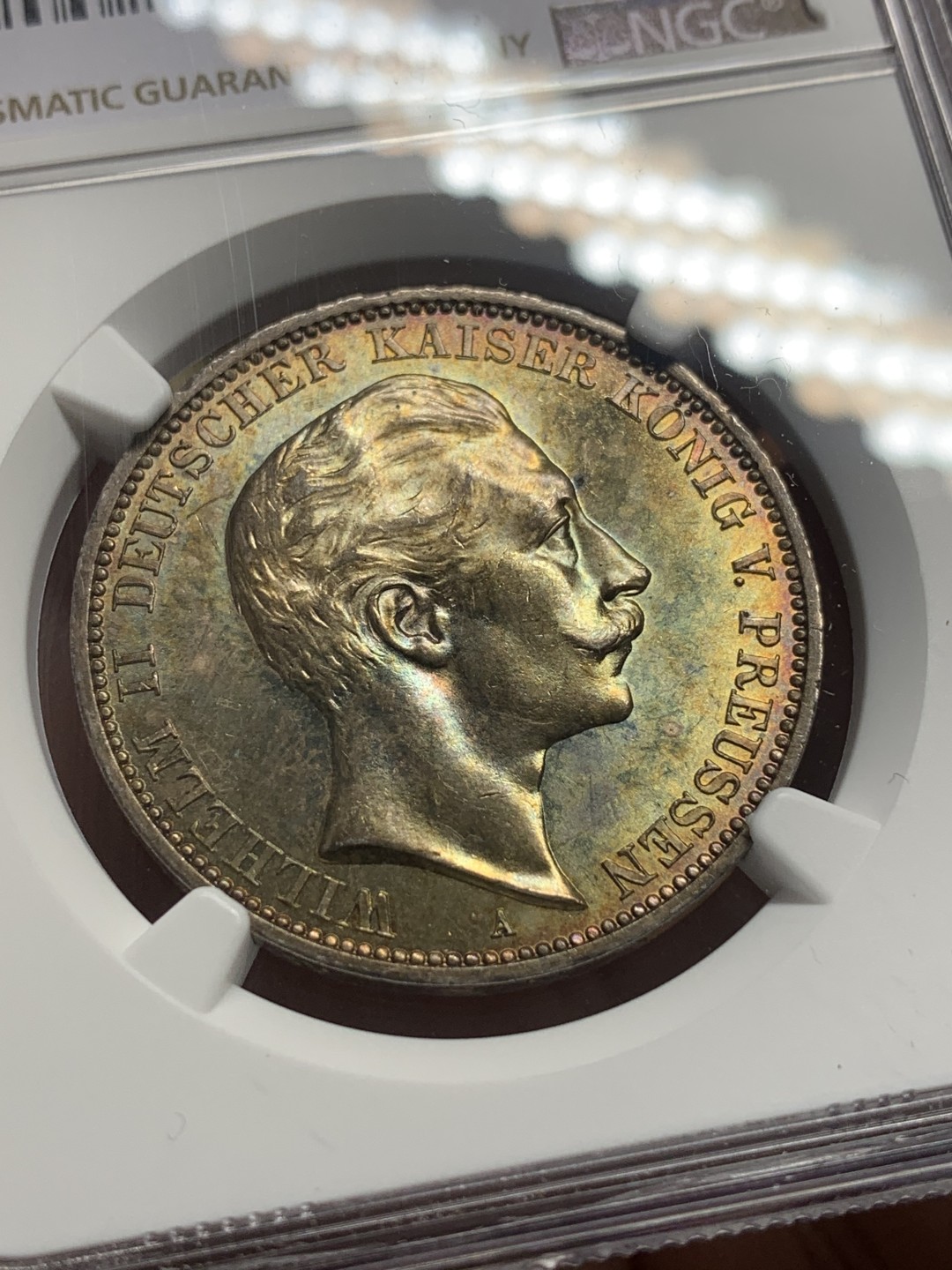 《竞宝斋》第111场-周日，周一 ，2场连拍（全场包邮） NGC-MS62 德国普鲁士1912年 威廉二世 3马克大银币 五彩包浆非常漂亮