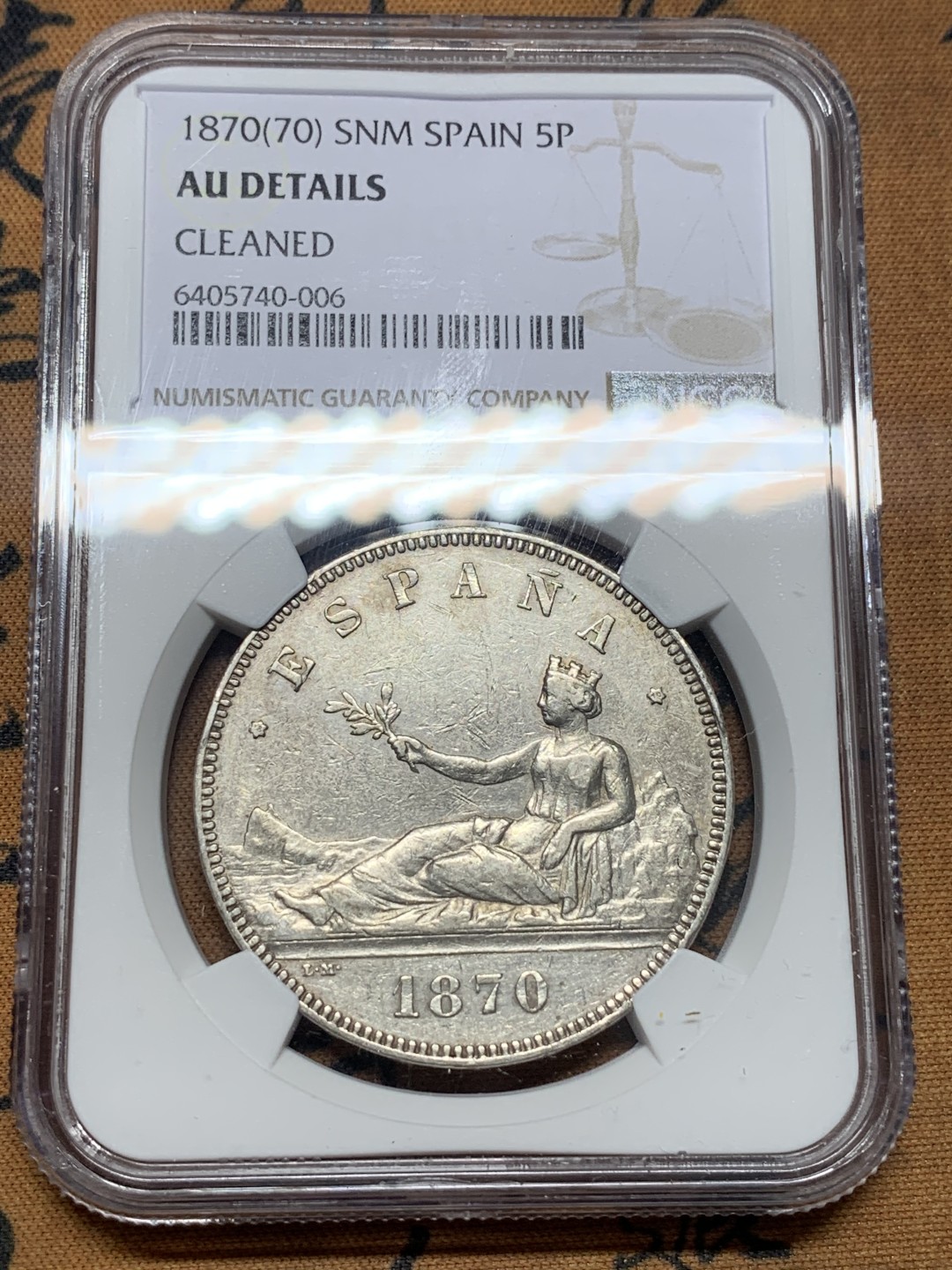 《竞宝斋》第111场-周日，周一 ，2场连拍（全场包邮） NGC-AUD 西班牙拿花女神 1870年 5比塞塔银币