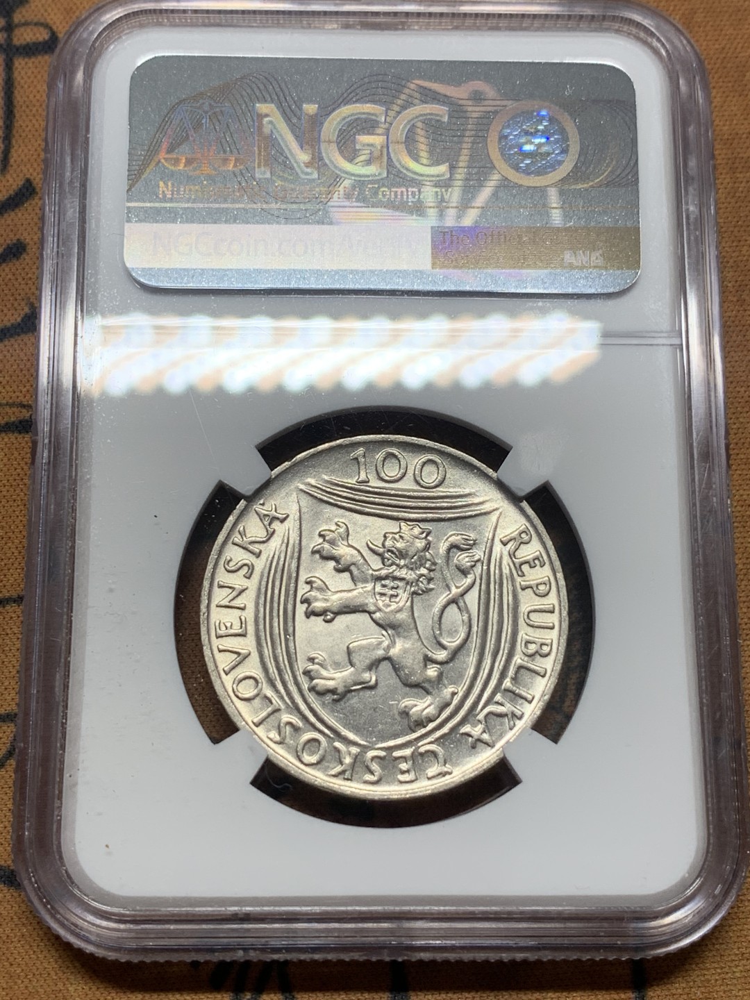 《竞宝斋》第111场-周日，周一 ，2场连拍（全场包邮） NGC-MS62 捷克1951年 共产党三世周年纪念 100克朗银币 少见品种