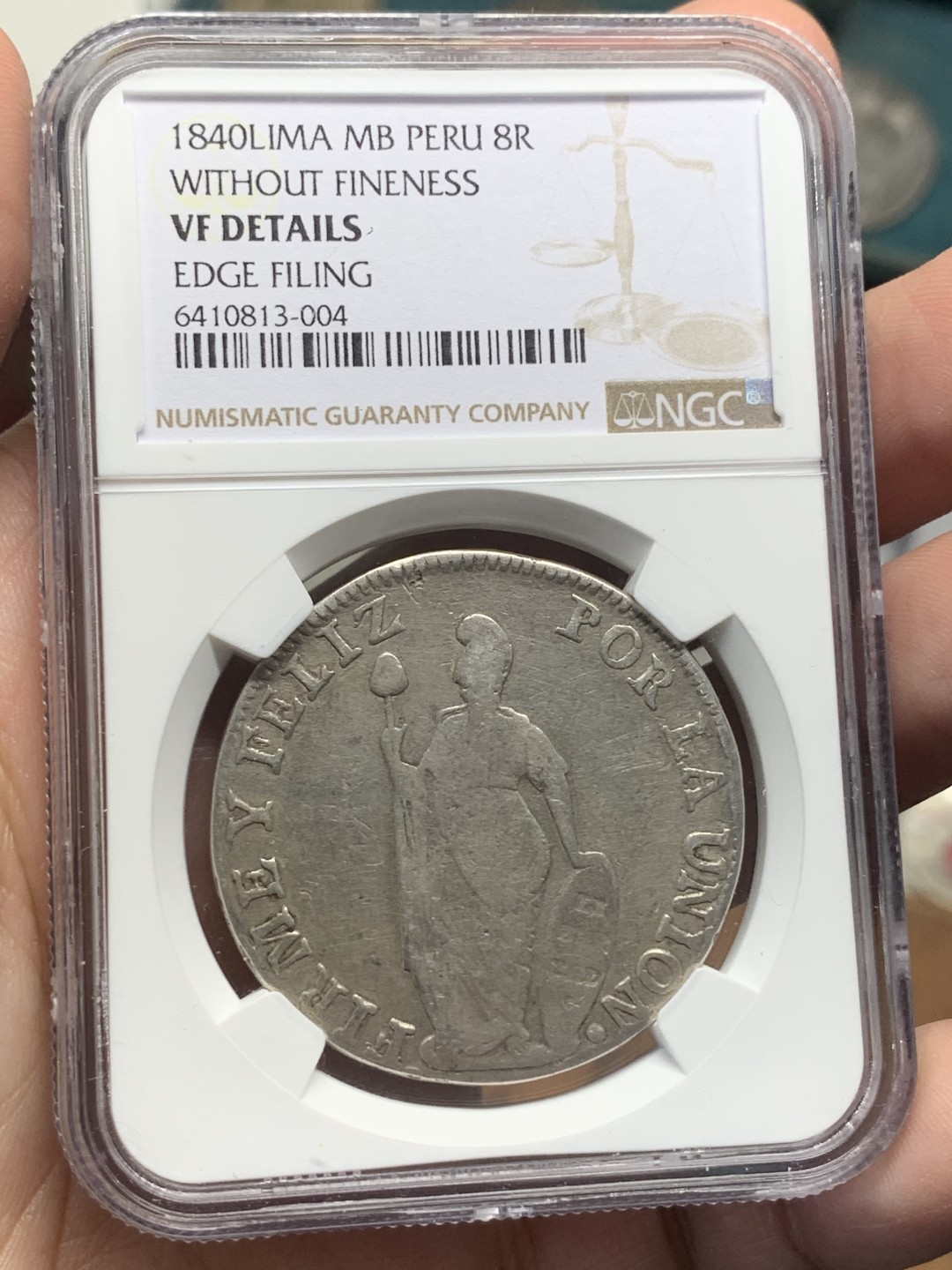 《竞宝斋》第111场-周日，周一 ，2场连拍（全场包邮） NGC-VFD 秘鲁站人女神 1840年 8R大银币 背面打得算好的了 国内不多